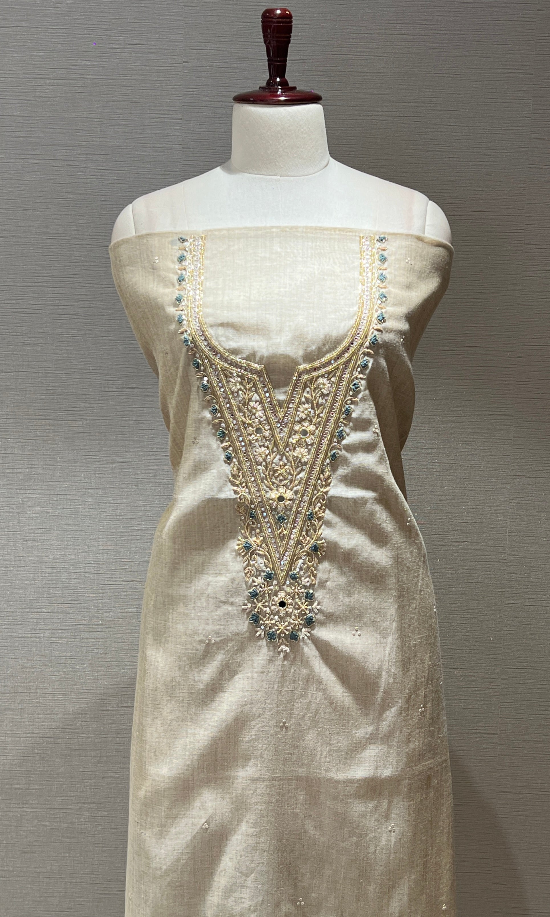 Elegant Beige Embroidered Dress Material with Digital Print Dupatta