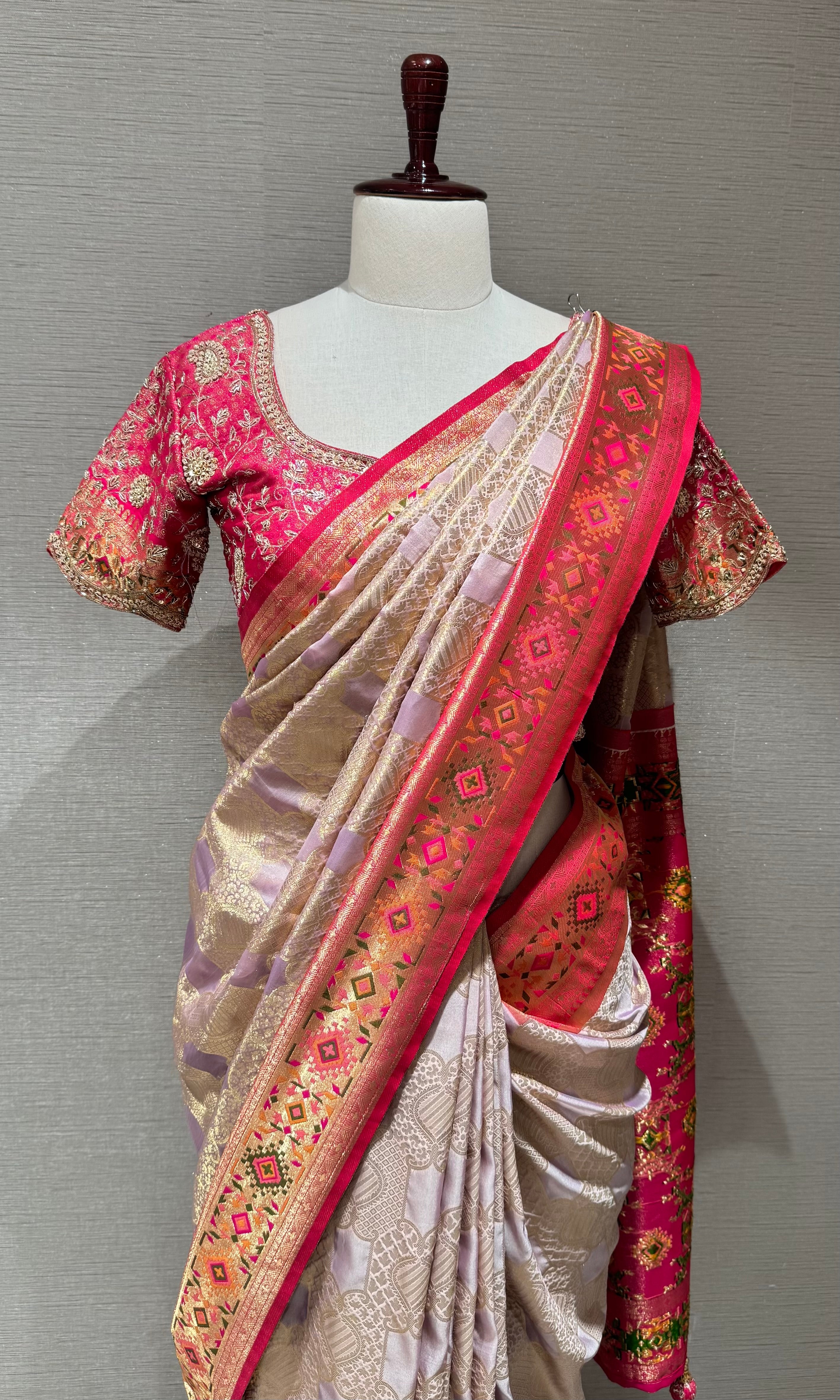 pink Kanchipuram silk saree with embroidered blouse