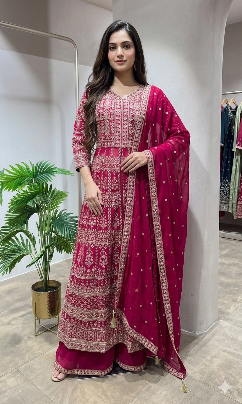 RANI PINK Embroidered front Slit anarkali set
