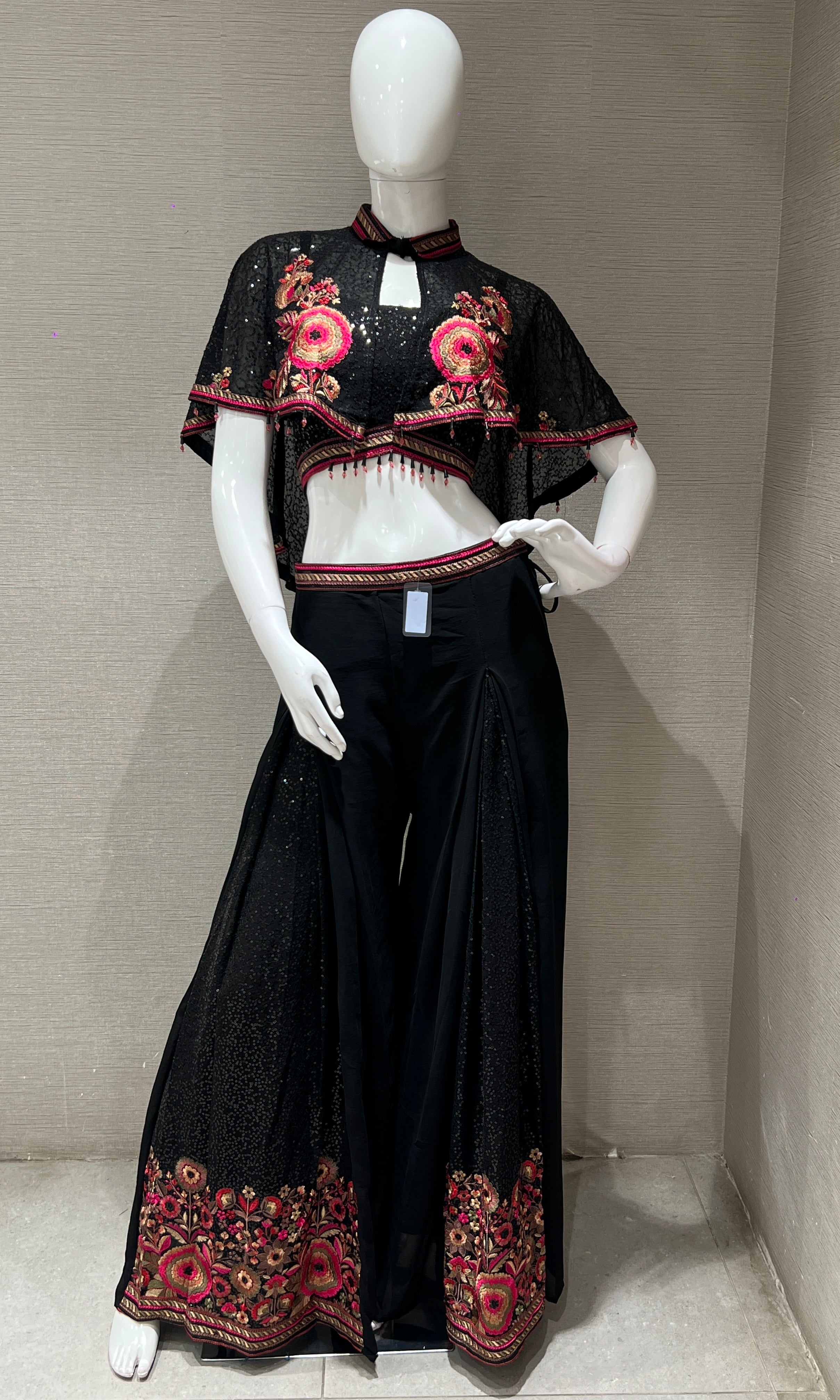 Black Sequin Cape Top & Embroidered Sharara