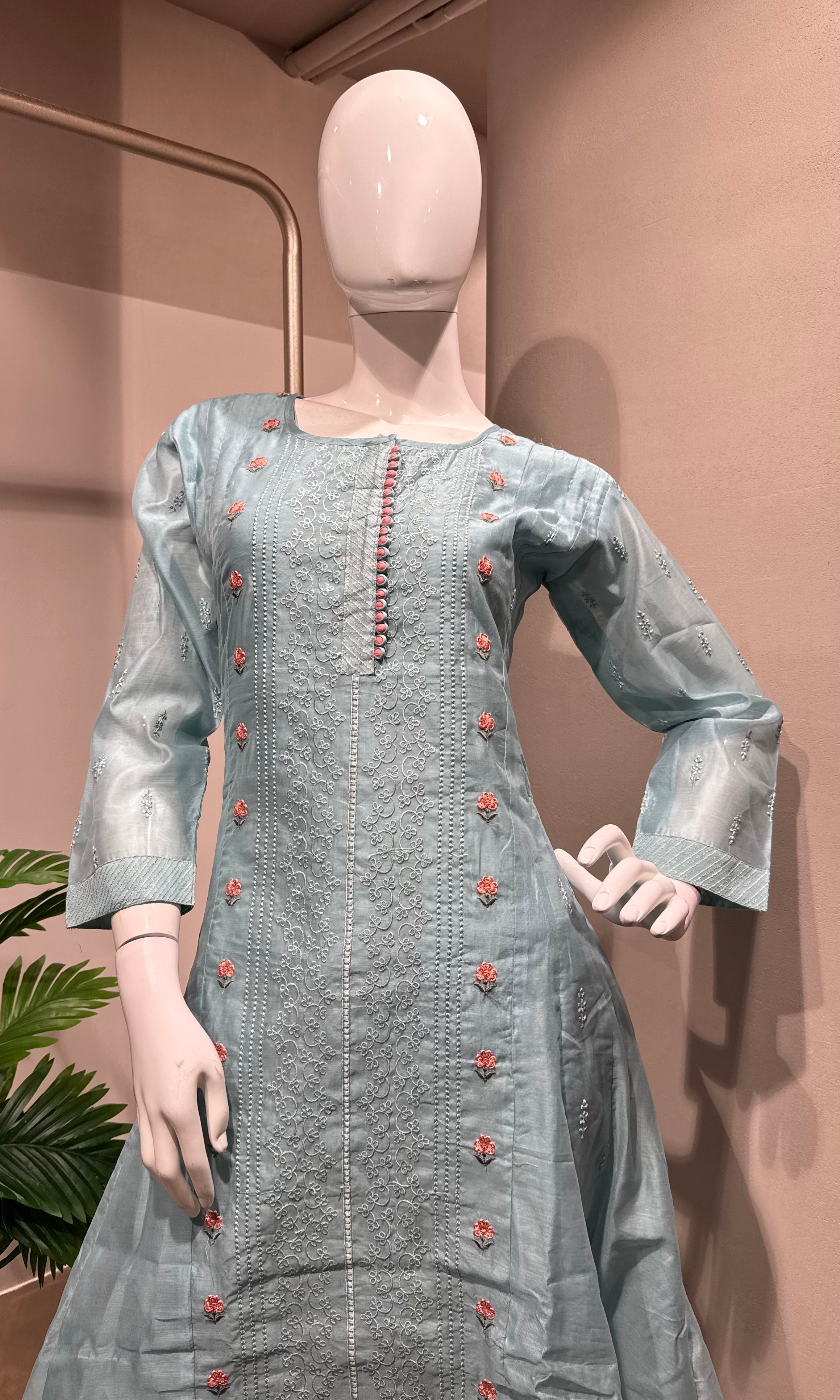 BLUE Floral Cotton Kurta set with dupatta