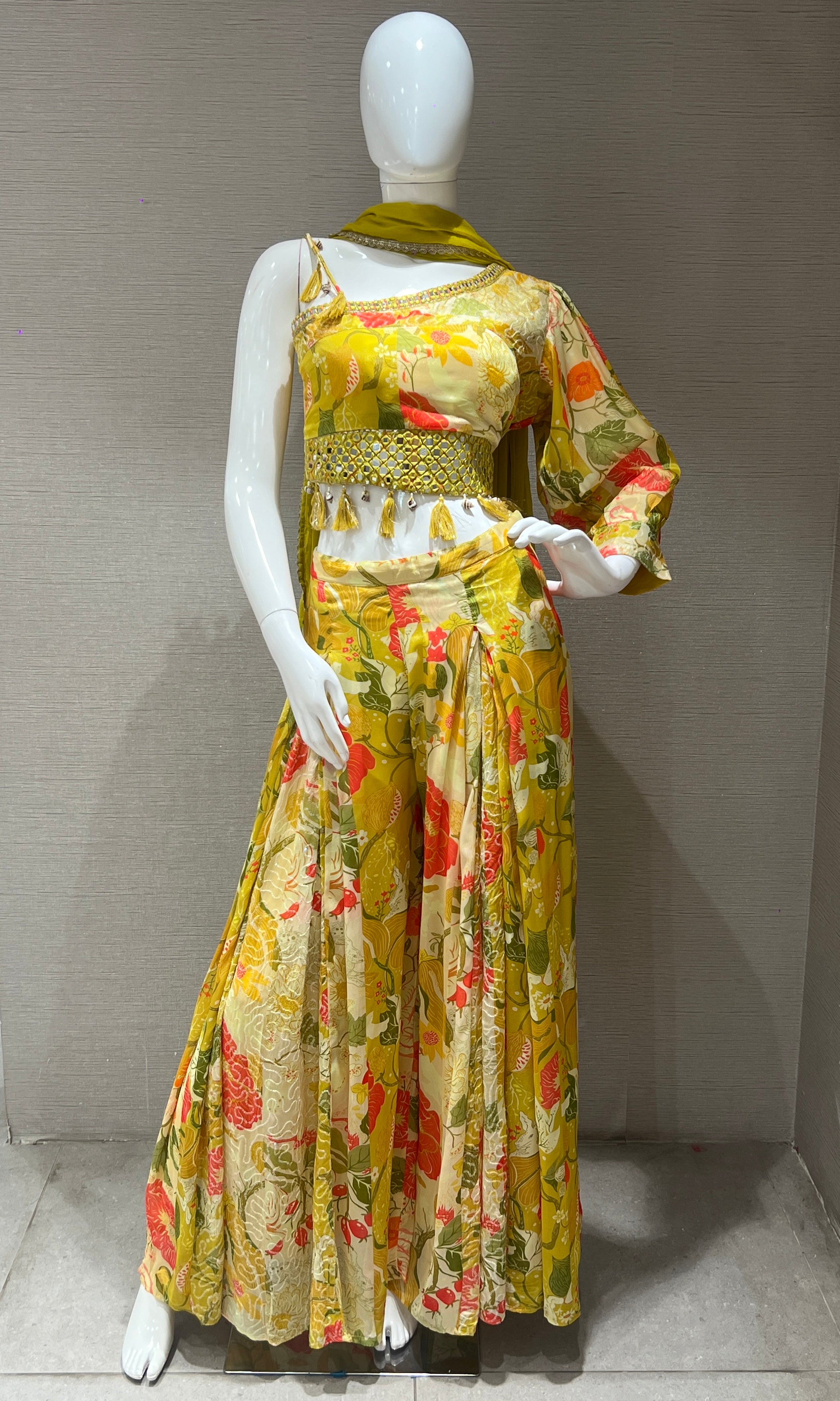 Yellow one shoulder crop top with palazzo