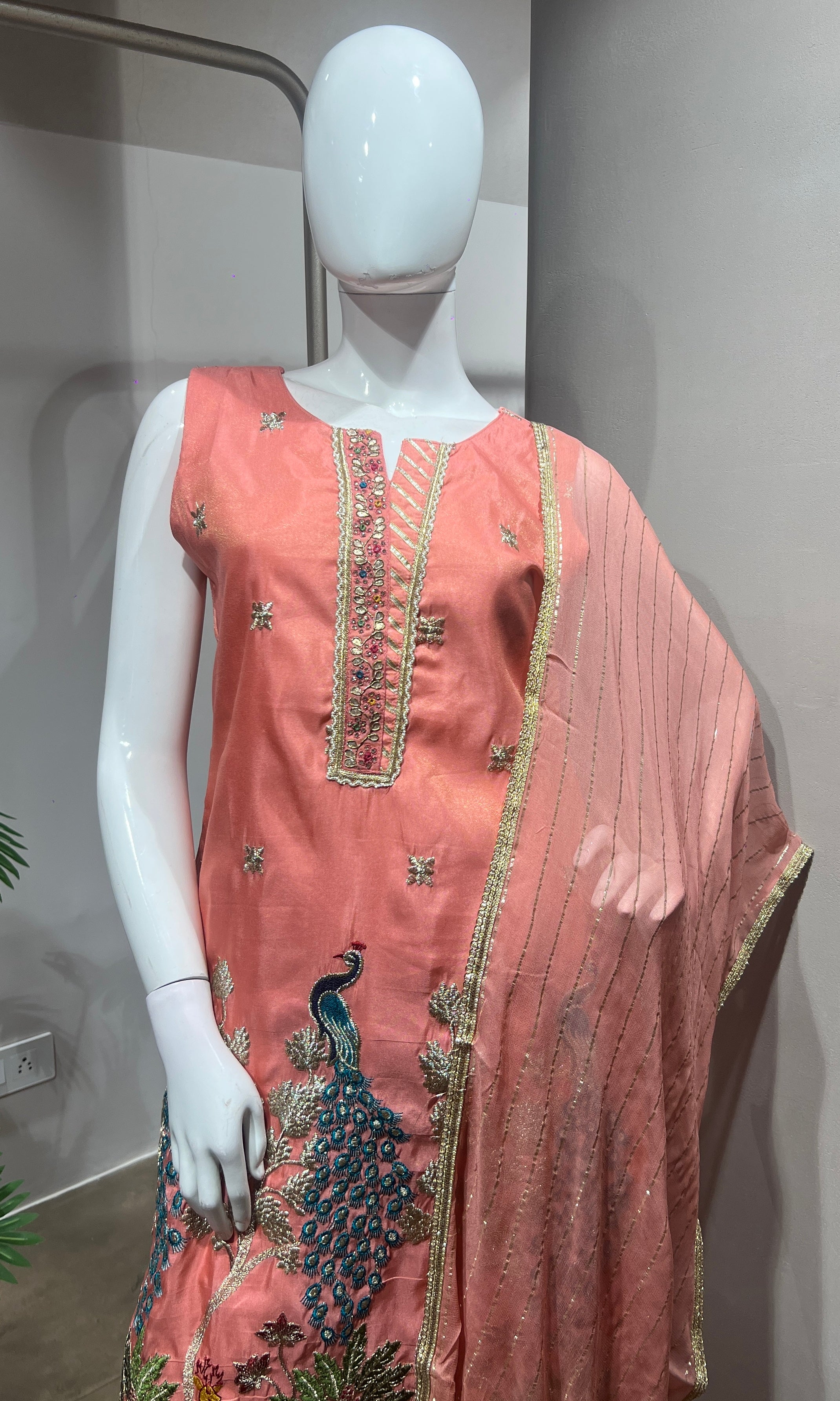 Peach Peacock Embroidered Palazzo SET