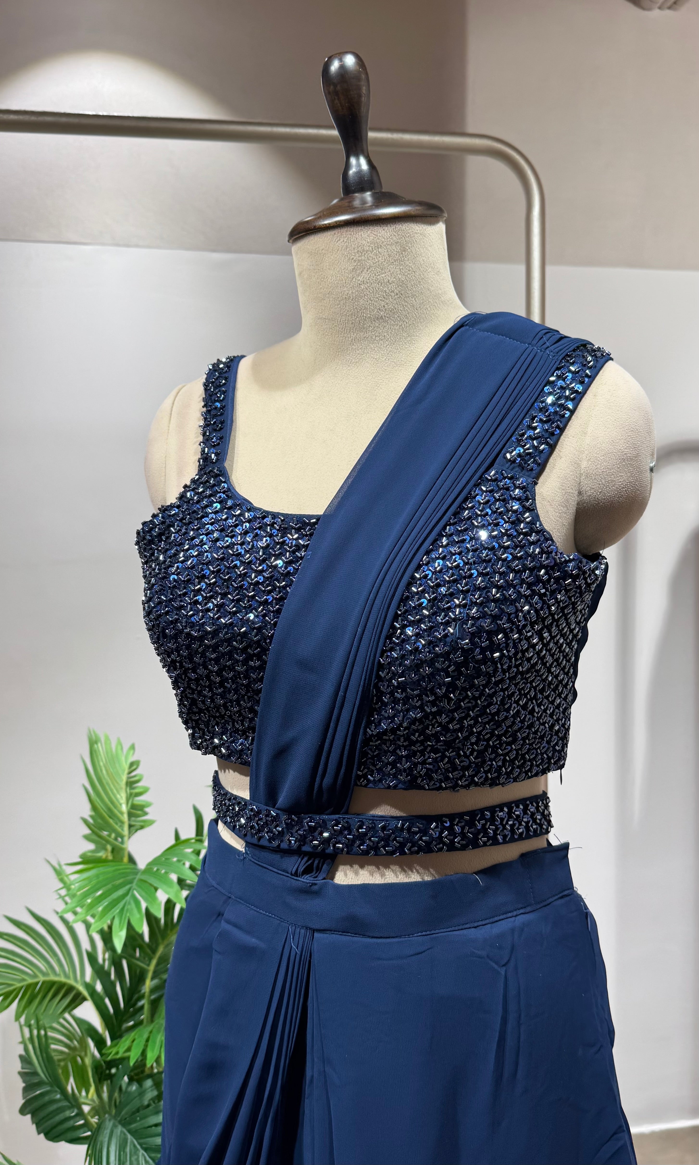 navy blue pre-draped saree with blouse & belt