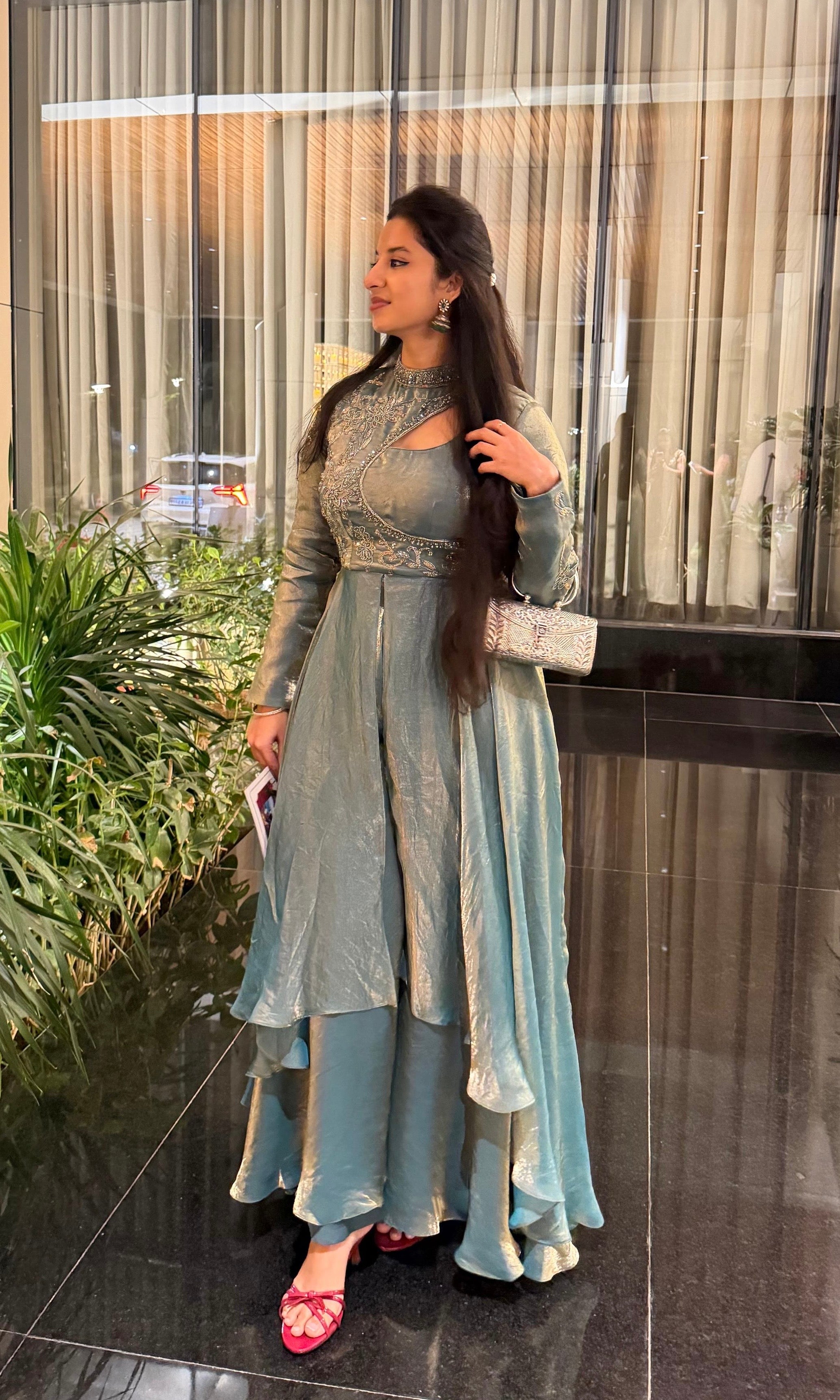 Sea green ANARKALI WITH NECK DESIGN