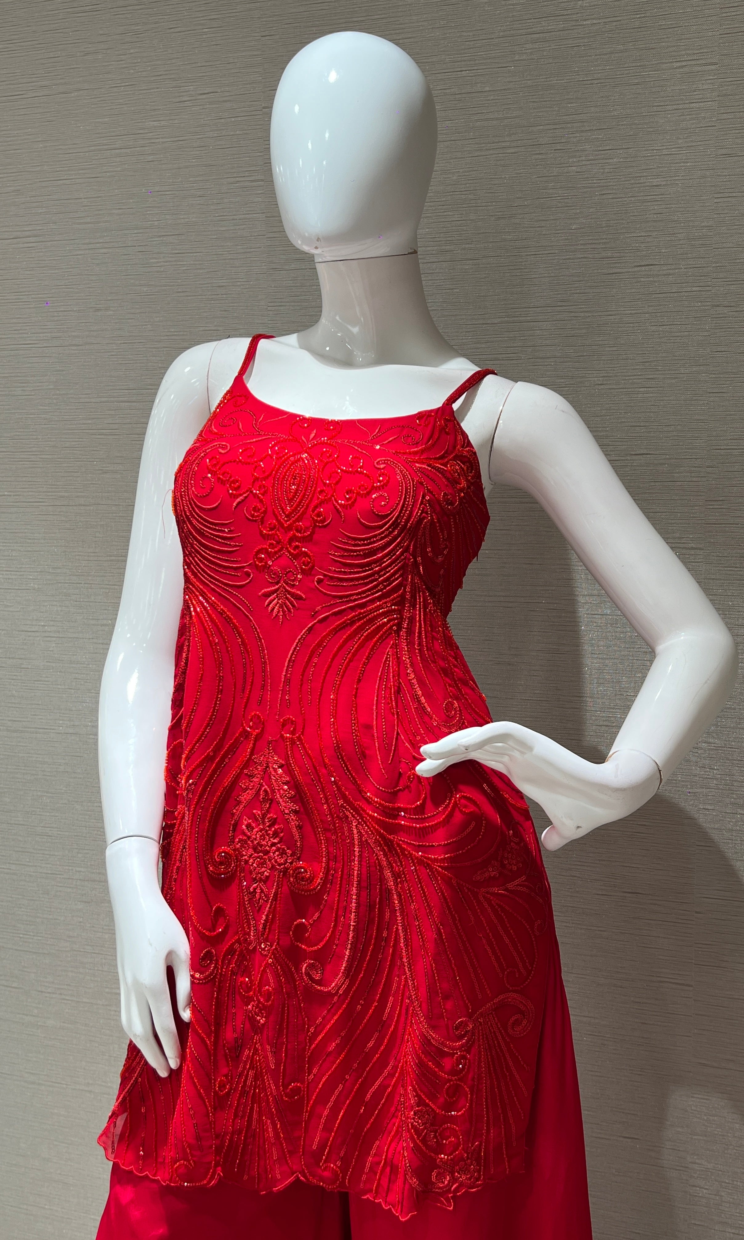 cherry Red silk palazzo set with bead work