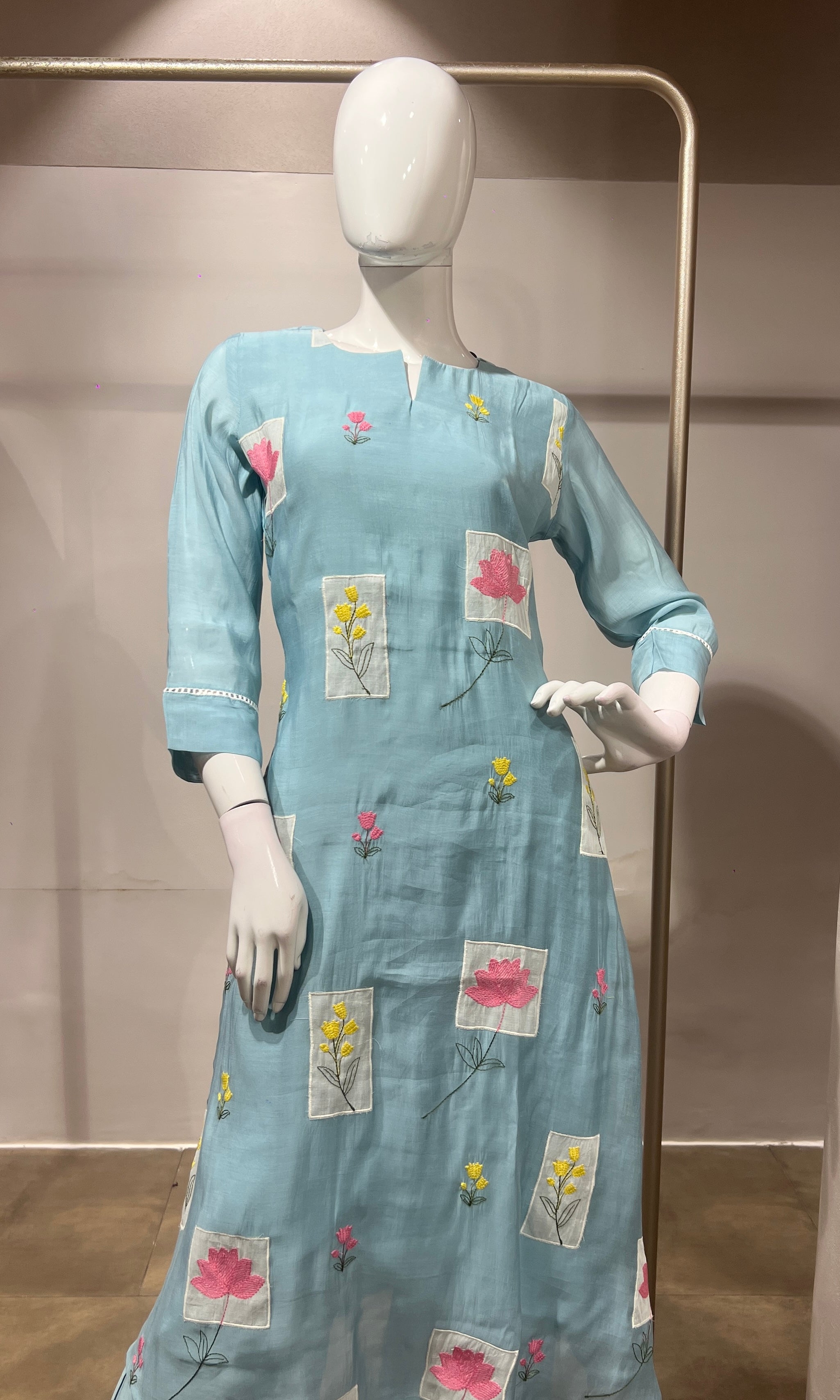 Sea Blue Patchwork Embroidered Kurta Set with Dupatta