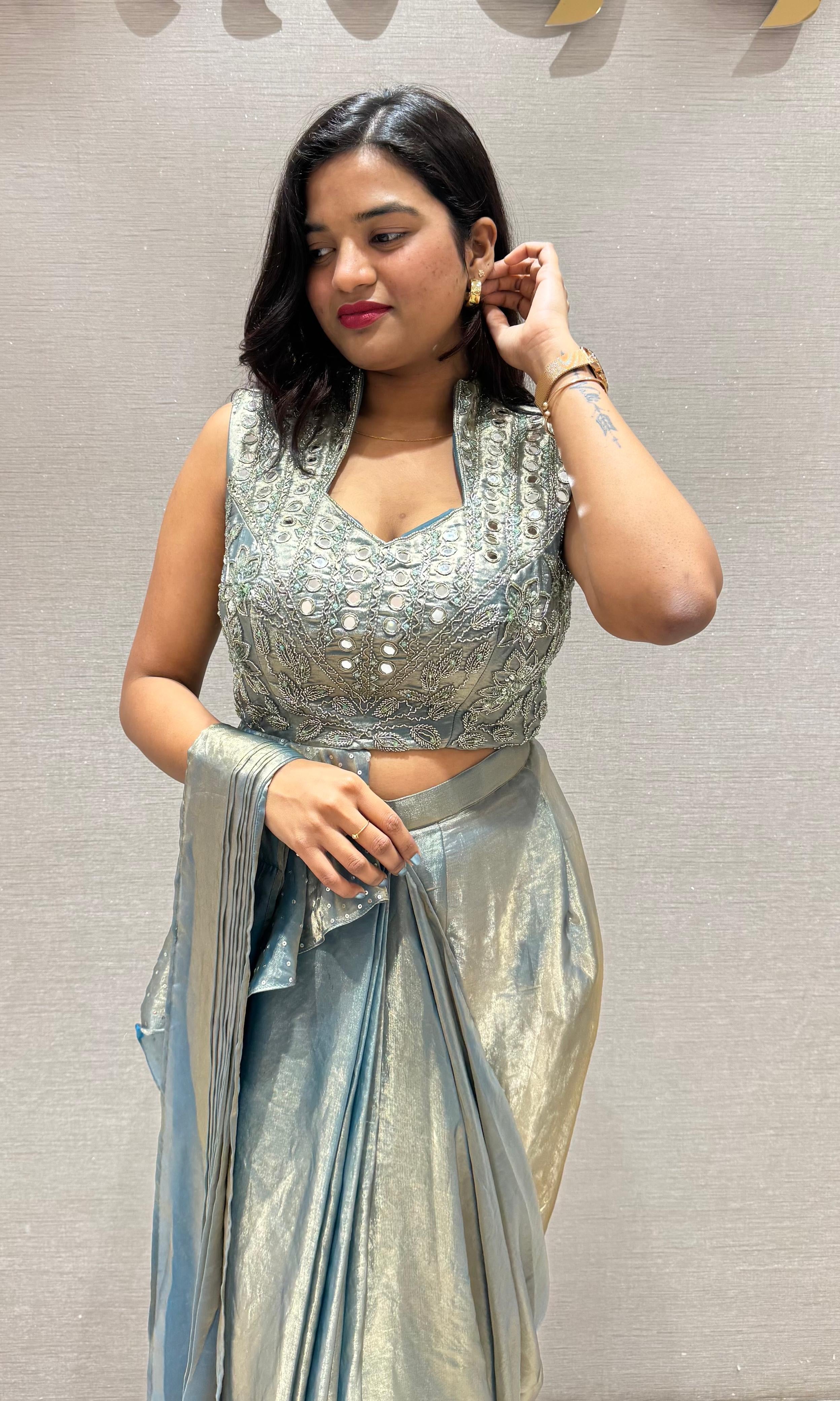 Blue PEPLUM STYLE DRAPE SAREE