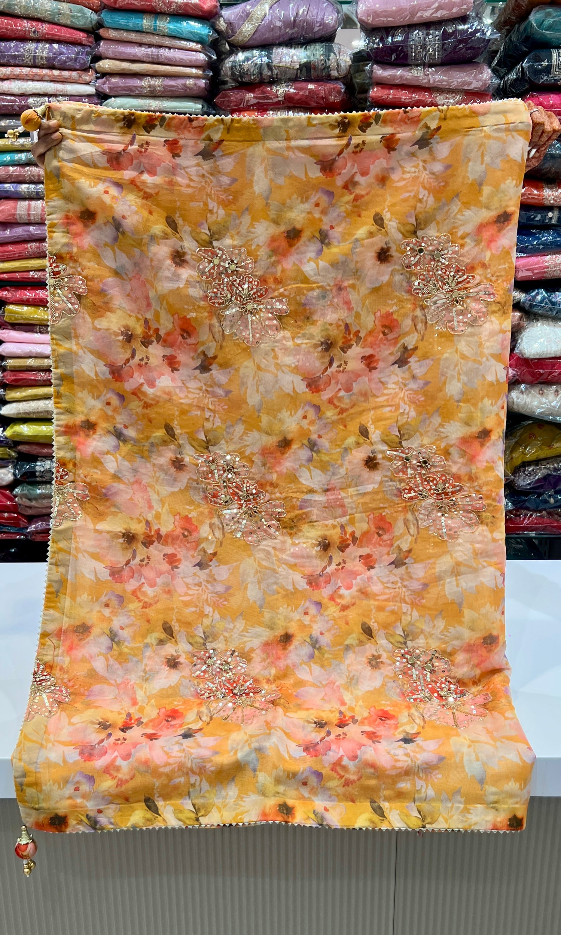 Mustard yellow floral saree with ready blouse