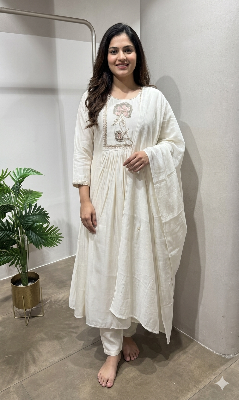 Cream Blossom Floral Embroidered KURTA Set
