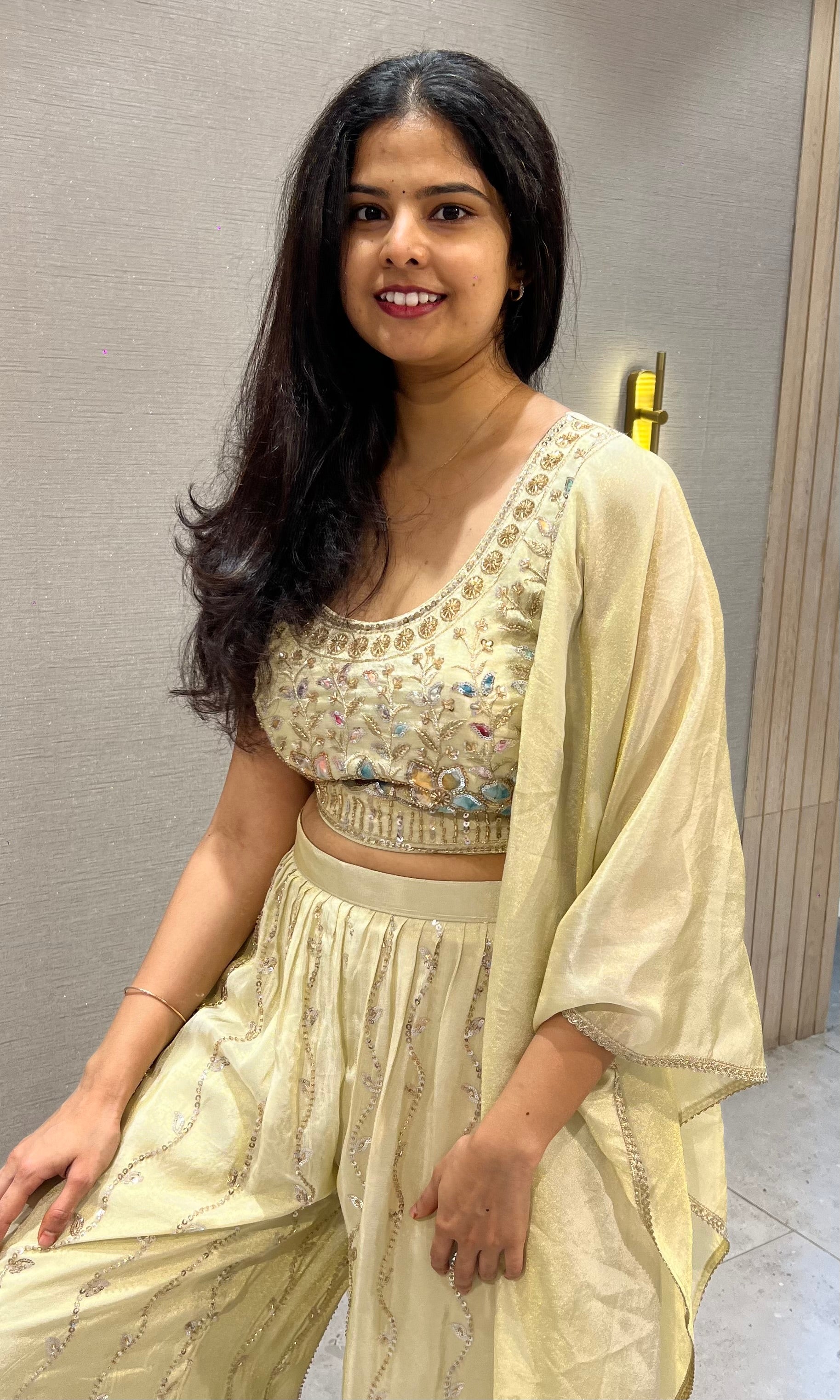 Half white Embroidered Tissue silk Crop Top Palazzo Set with Dupatta