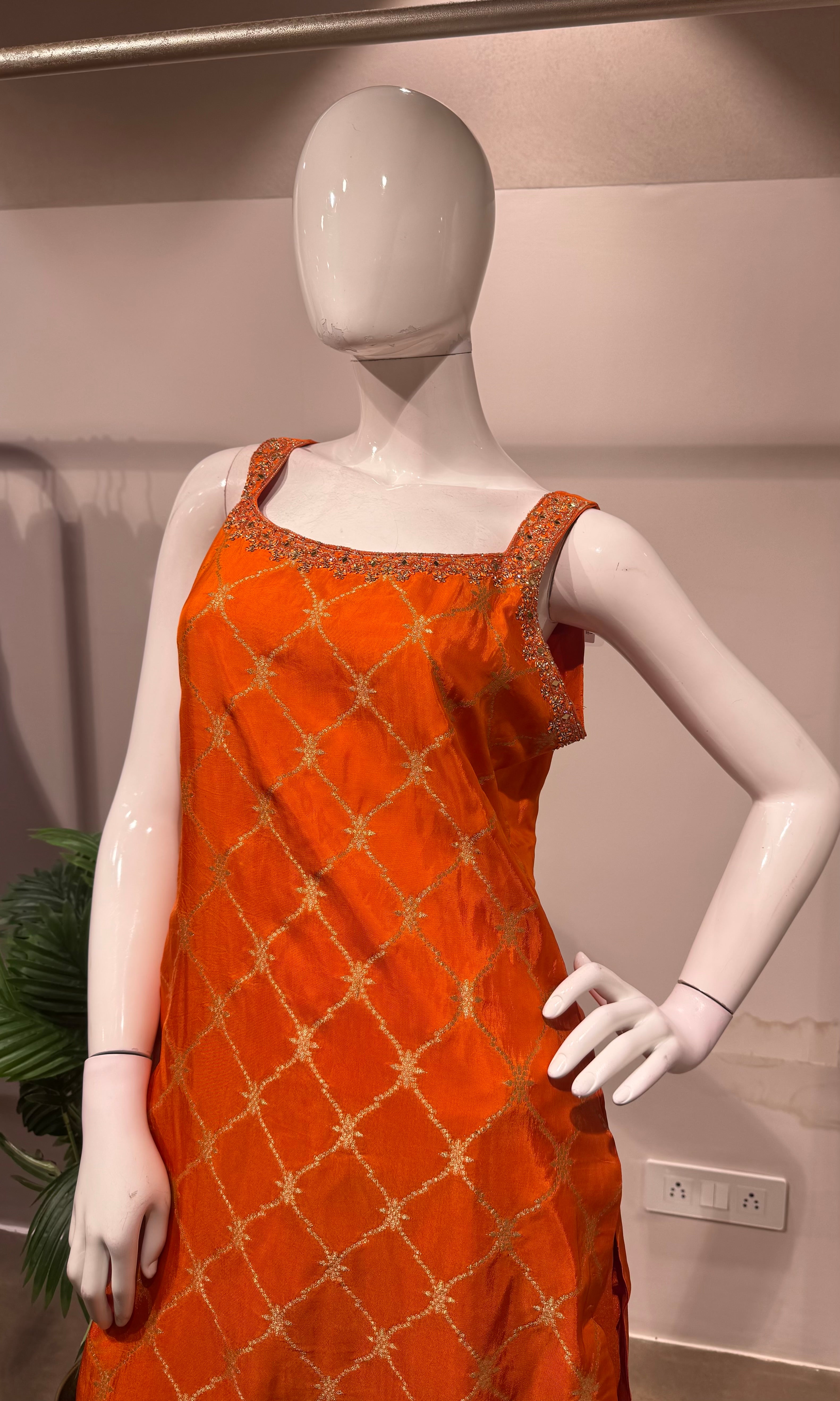 Orange silk straight kurta set