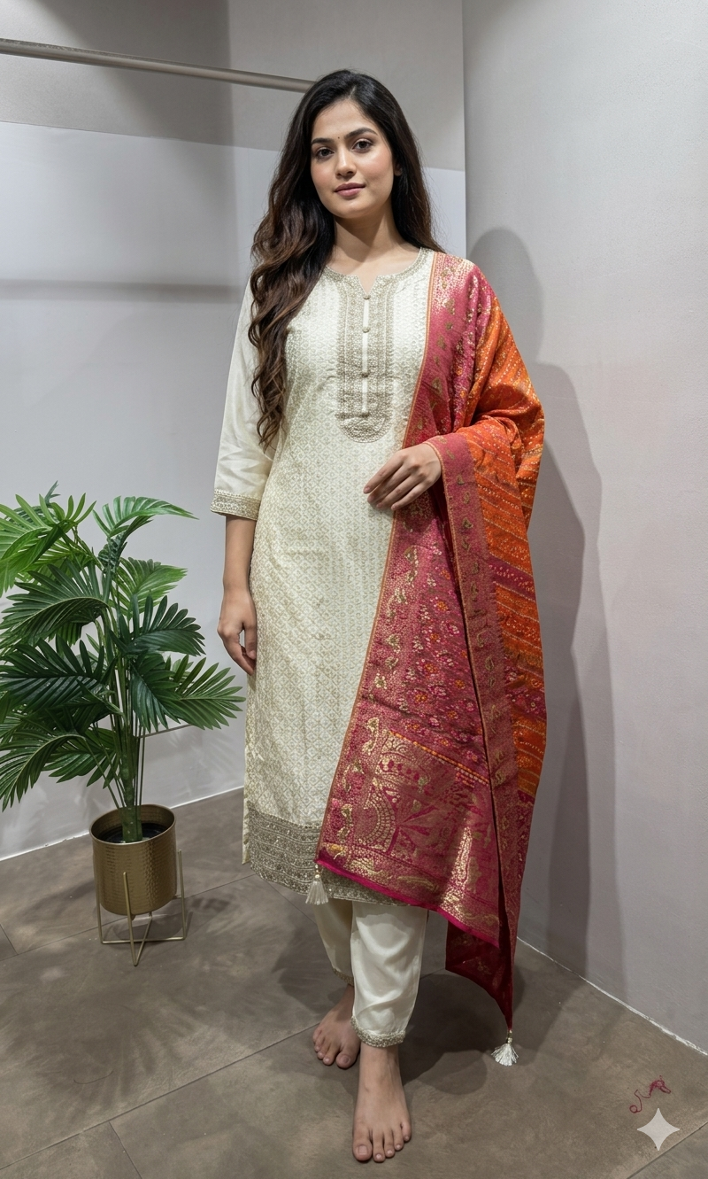 Ivory straight kurta set with contrast dupatta