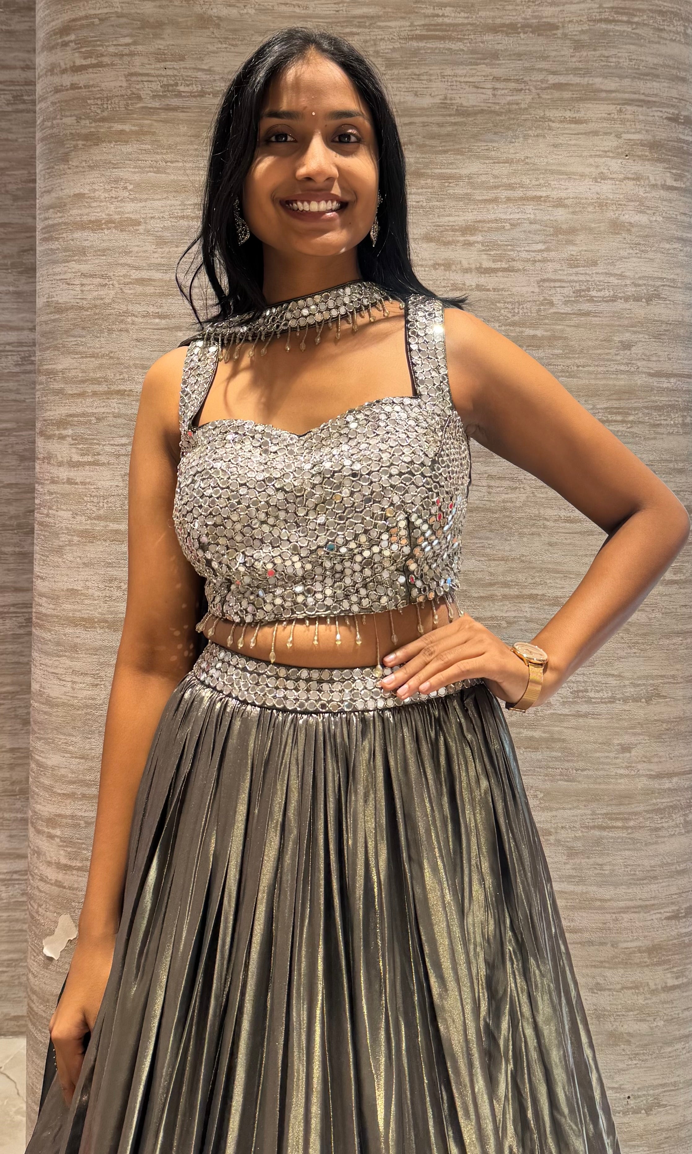 OLIVE GREEN pleated metallic LEHENGA SET