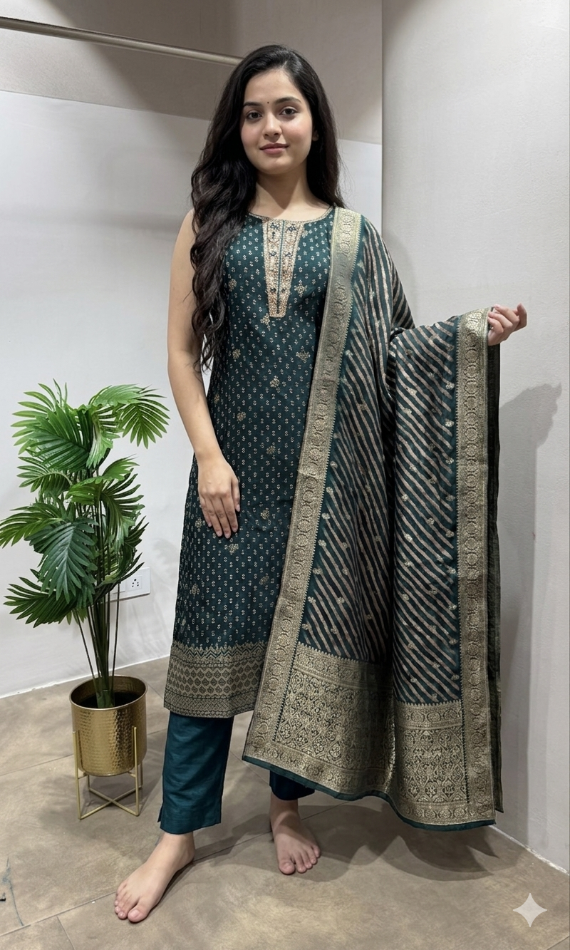 Green Chanderi Silk Suit with Zari Borders