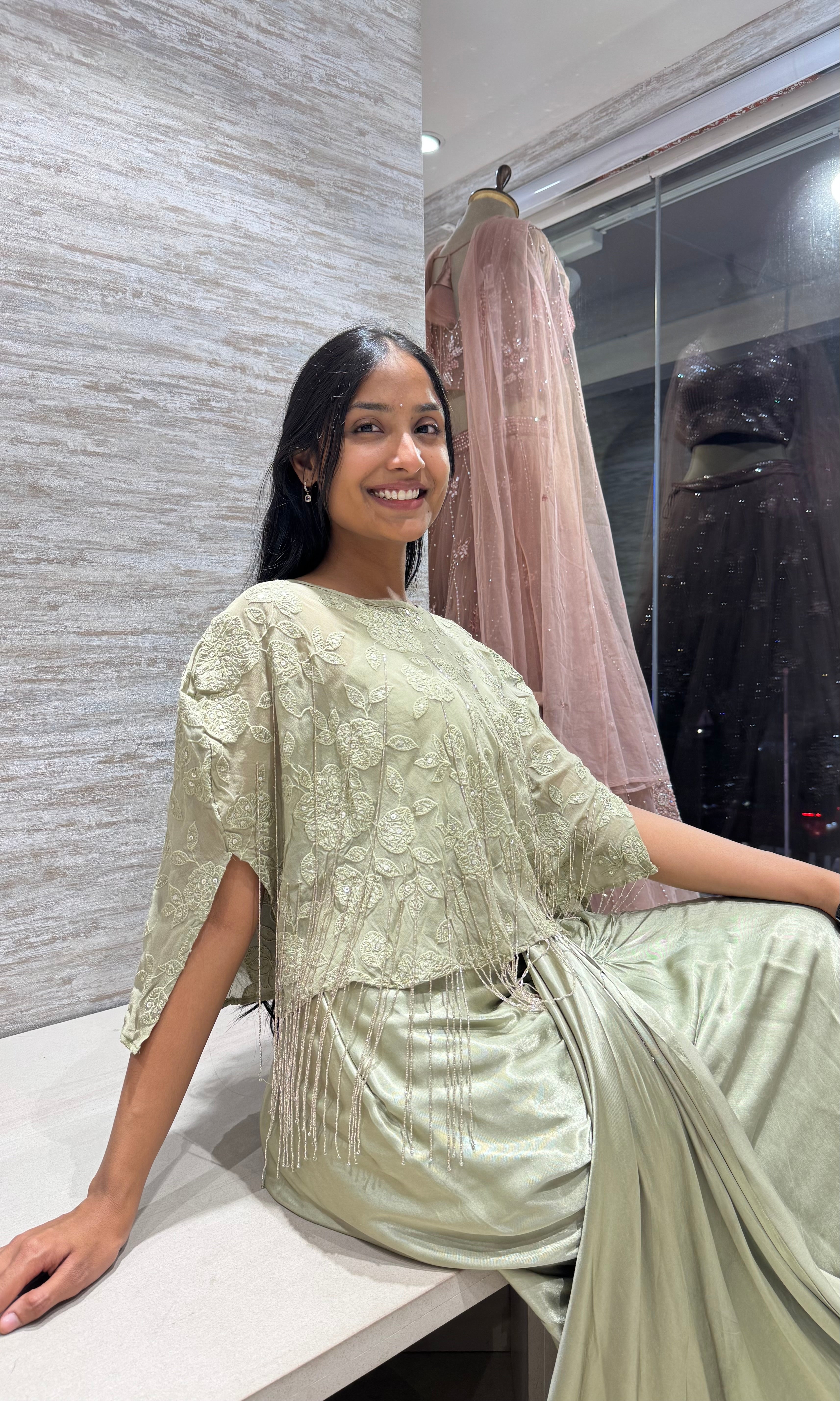 green Cape with Draped Satin Dhoti Skirt