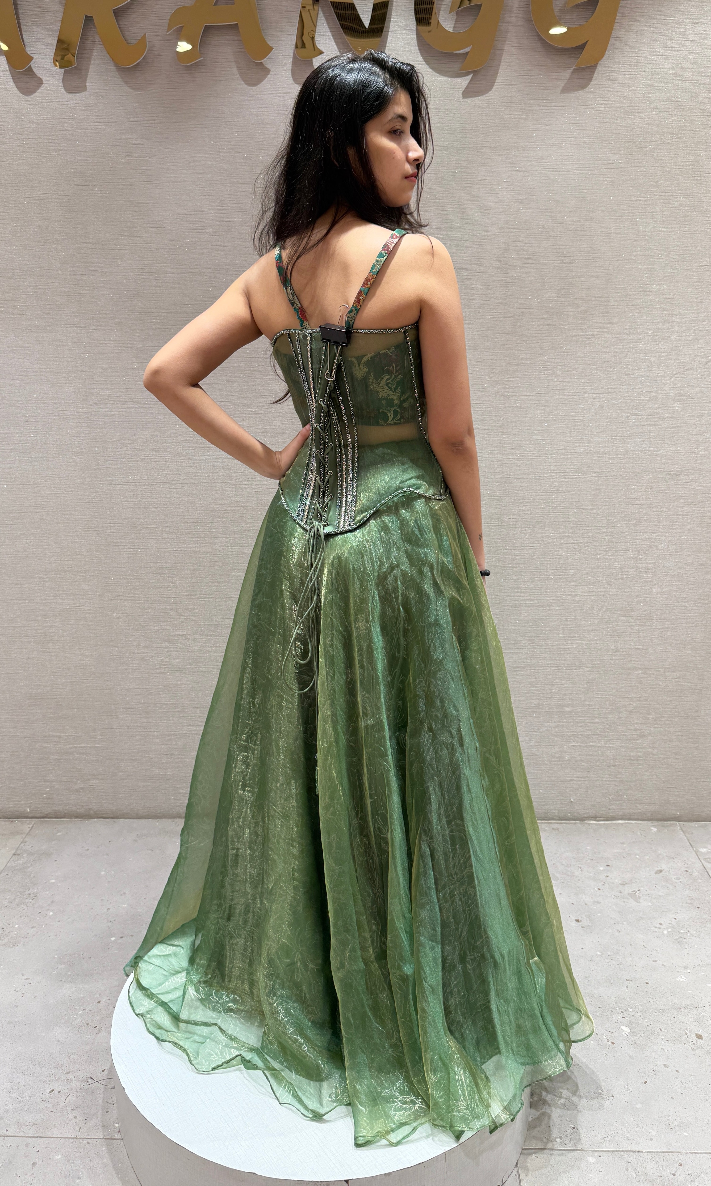 Green Floral Accent Corset Gown