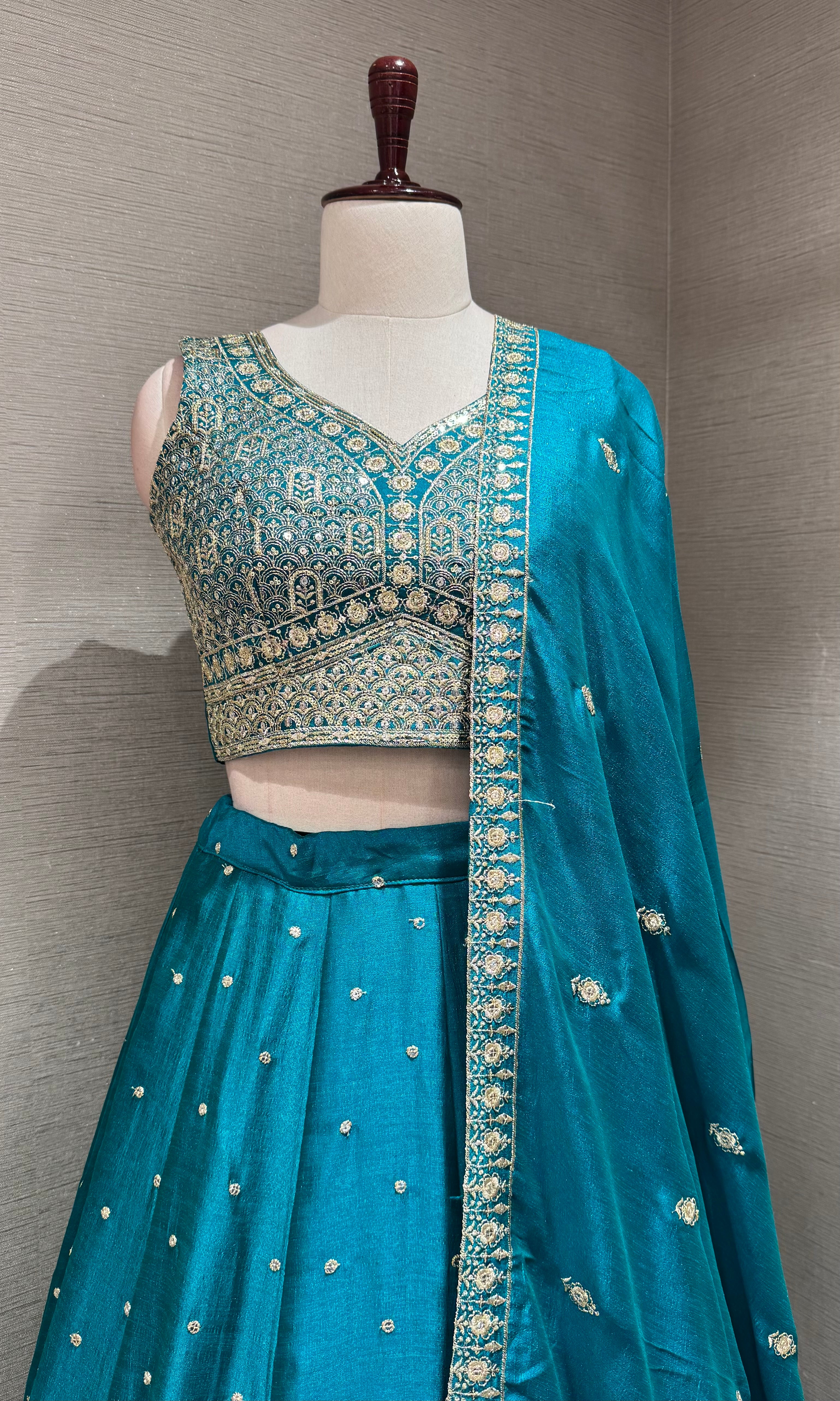 Rama blue golden embroidered lehenga choli set
