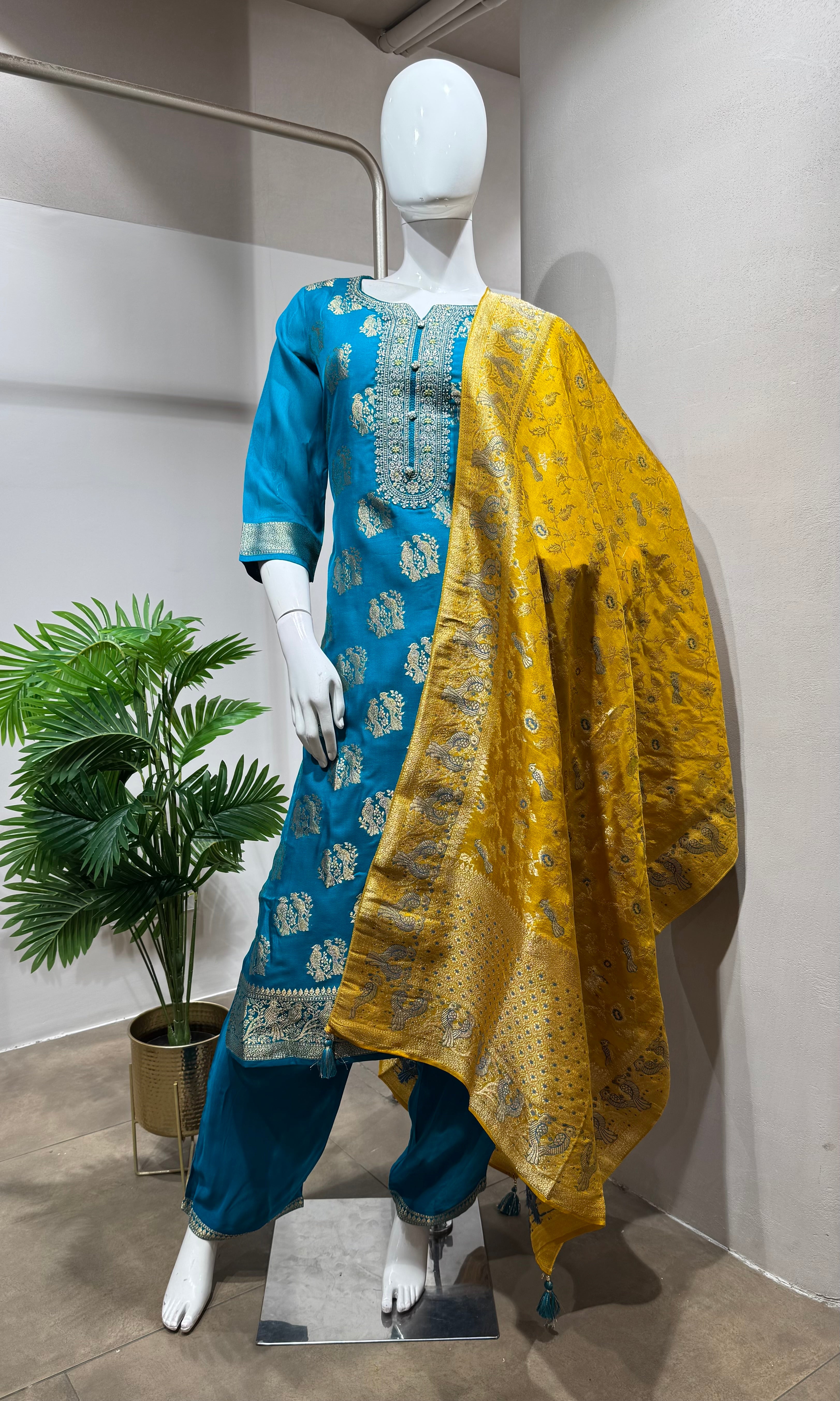 Rama Blue Silk embroidered kurta set