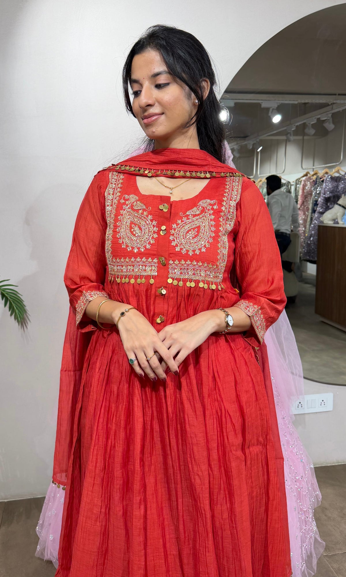 RUST MUL CHANDERI KURTA SET WITH DUPATTA