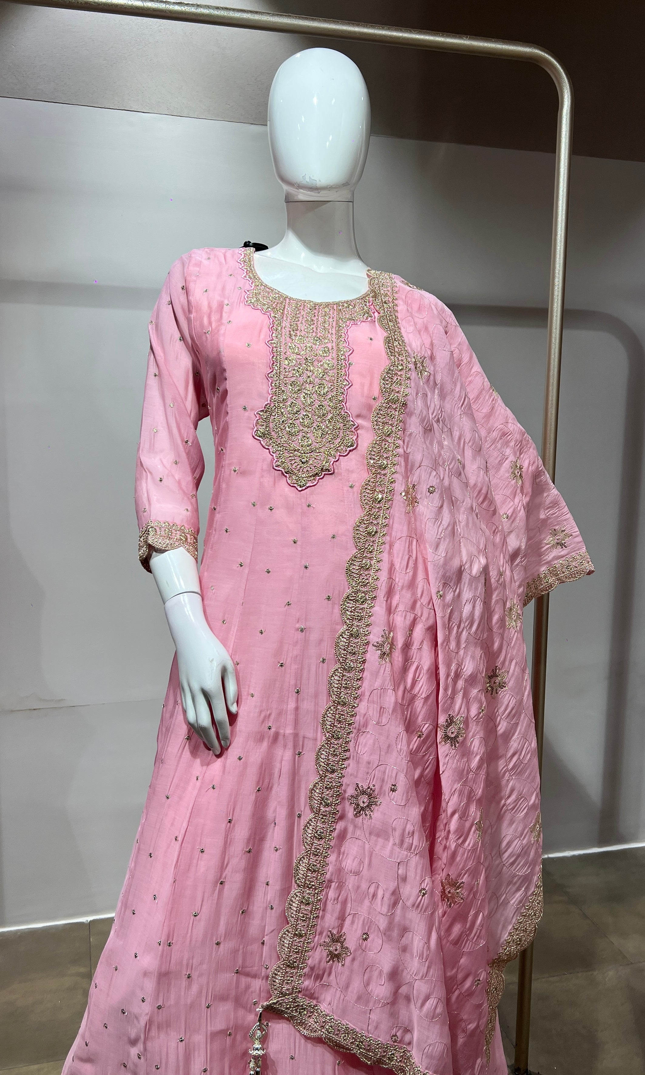 Baby Pink Embroidered Anarkali Suit Set