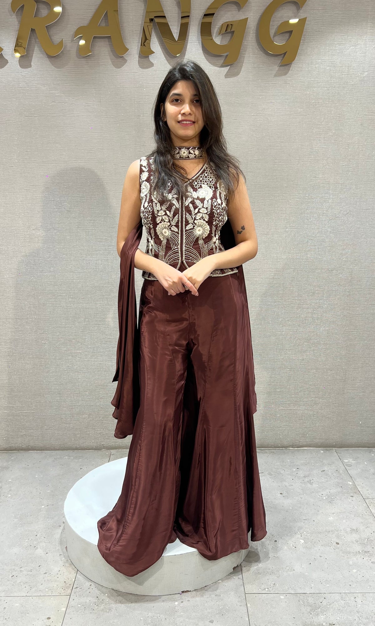 Brown Silk golden floral embroidered peplum palazzo set