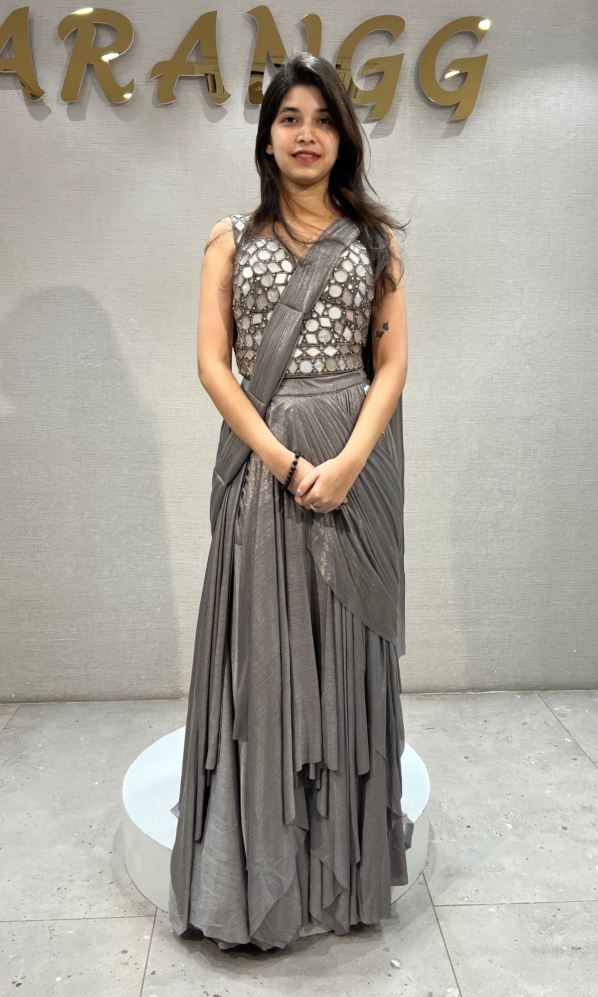Metallic Grey Embellished Saree with corset blouse