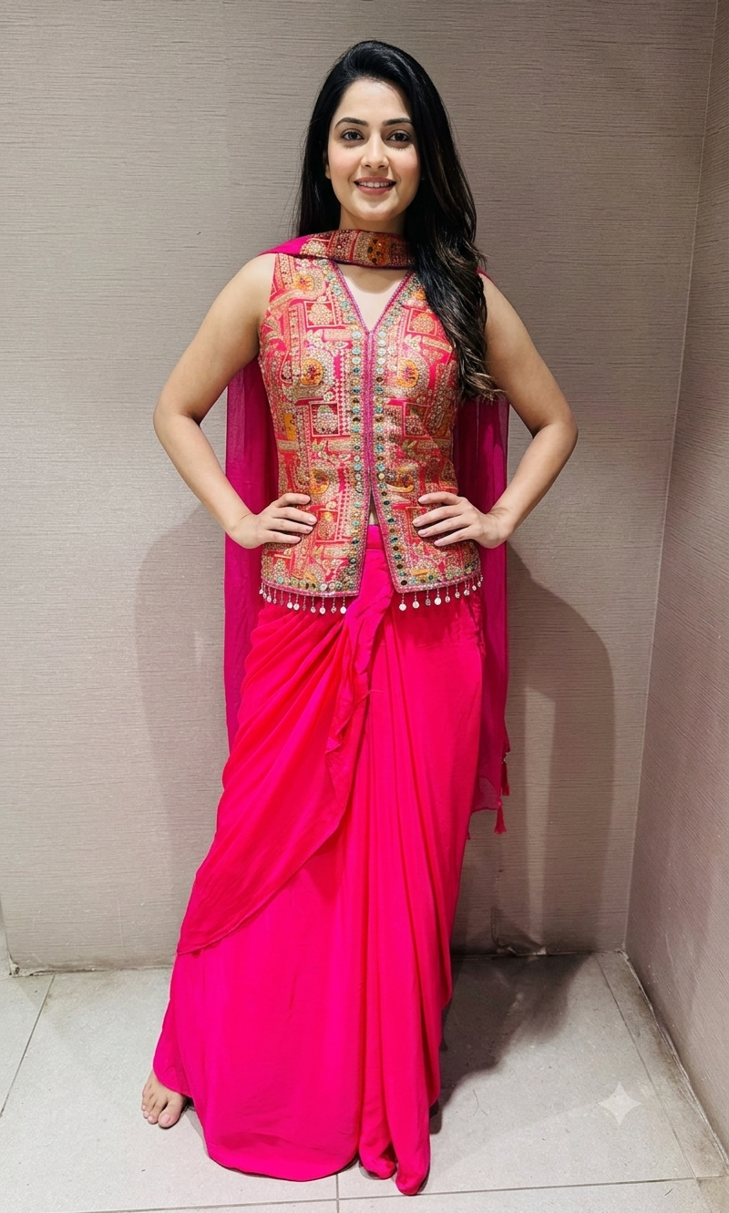 Fuchsia Pink Draped Skirt with Corset blouse