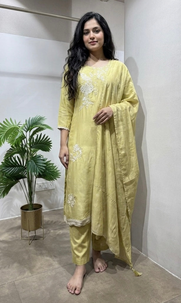 Mehandi green embroidered kurta set