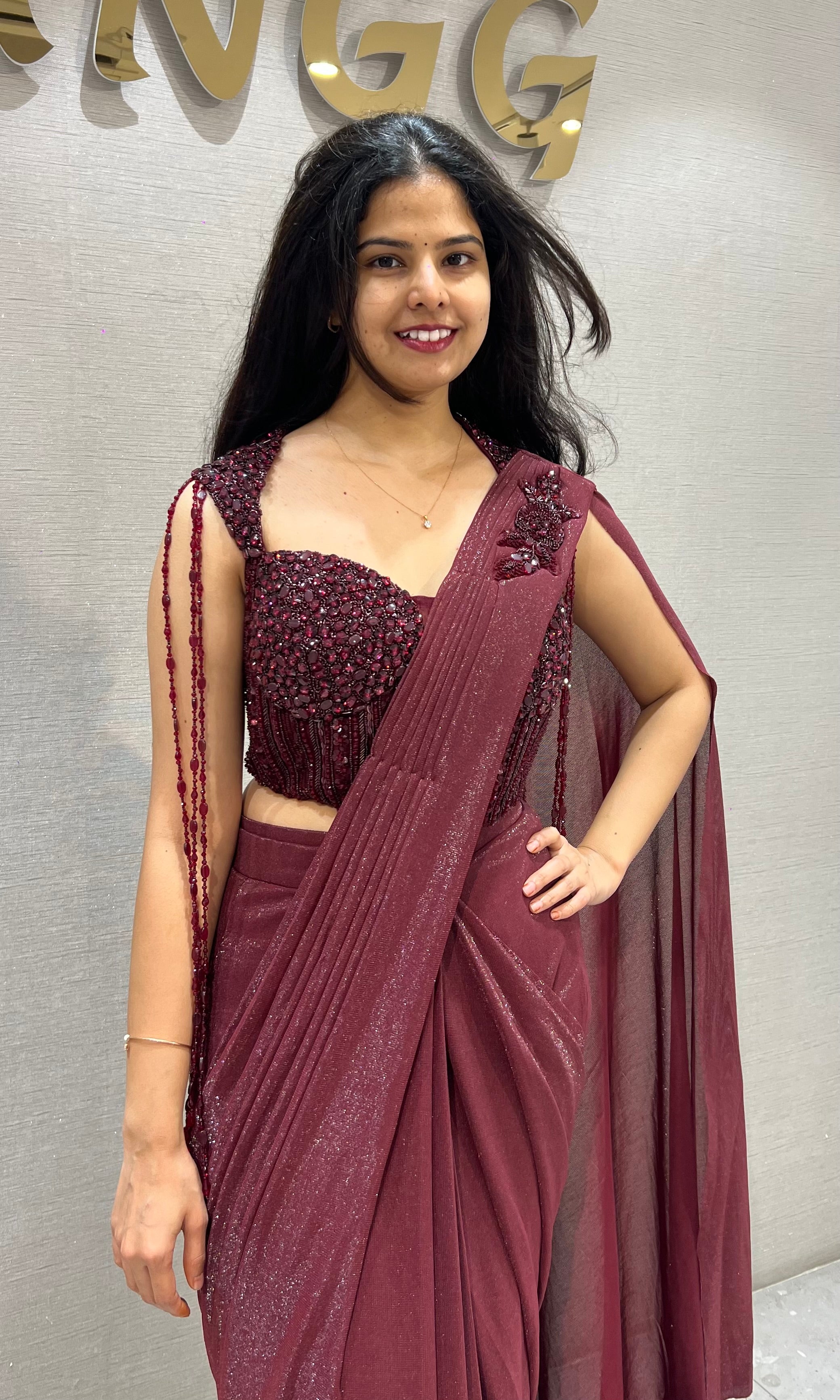 Wine Drape Saree with Embellished Blouse