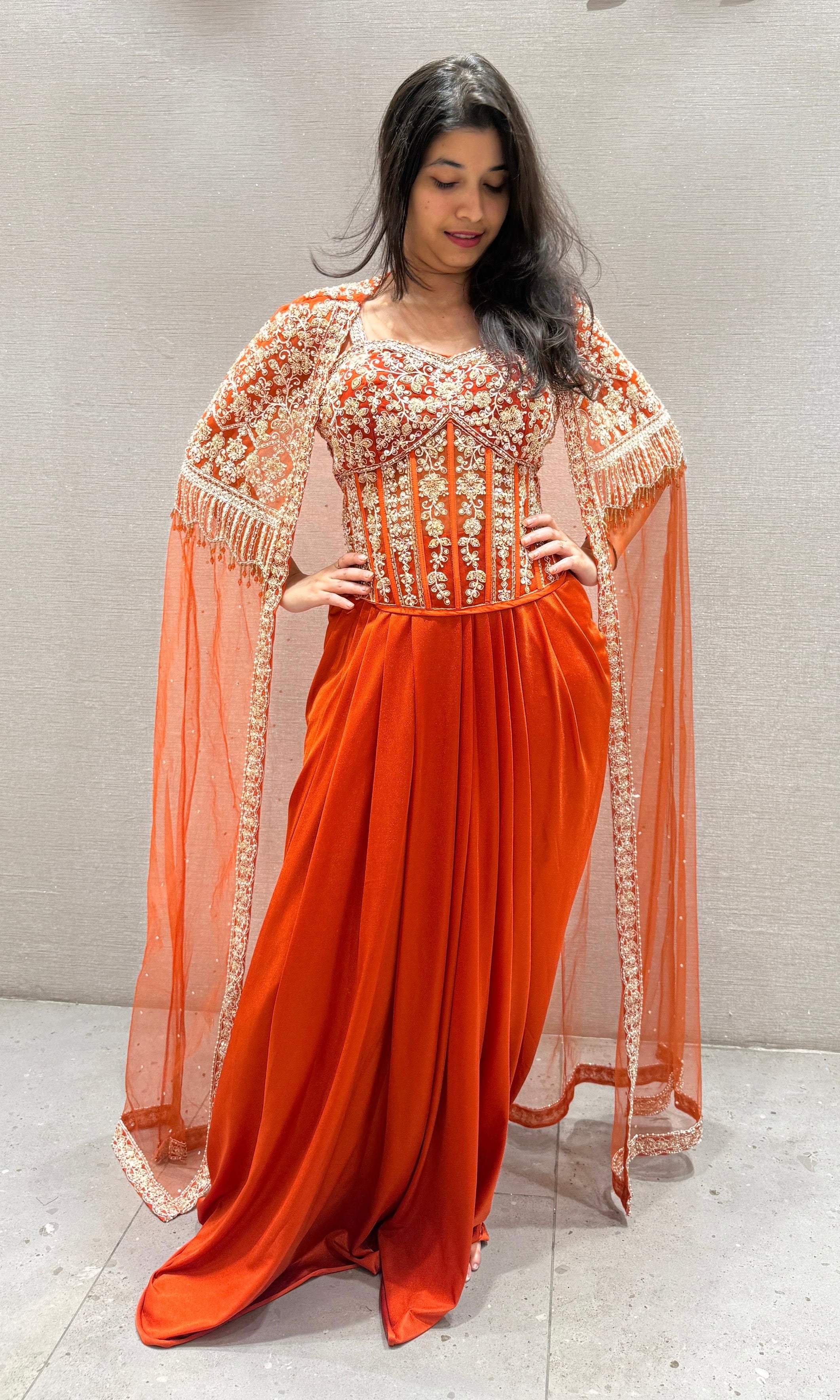 ORANGE 3 PIECE INDO WESTERN DRESS WITH SHRUG