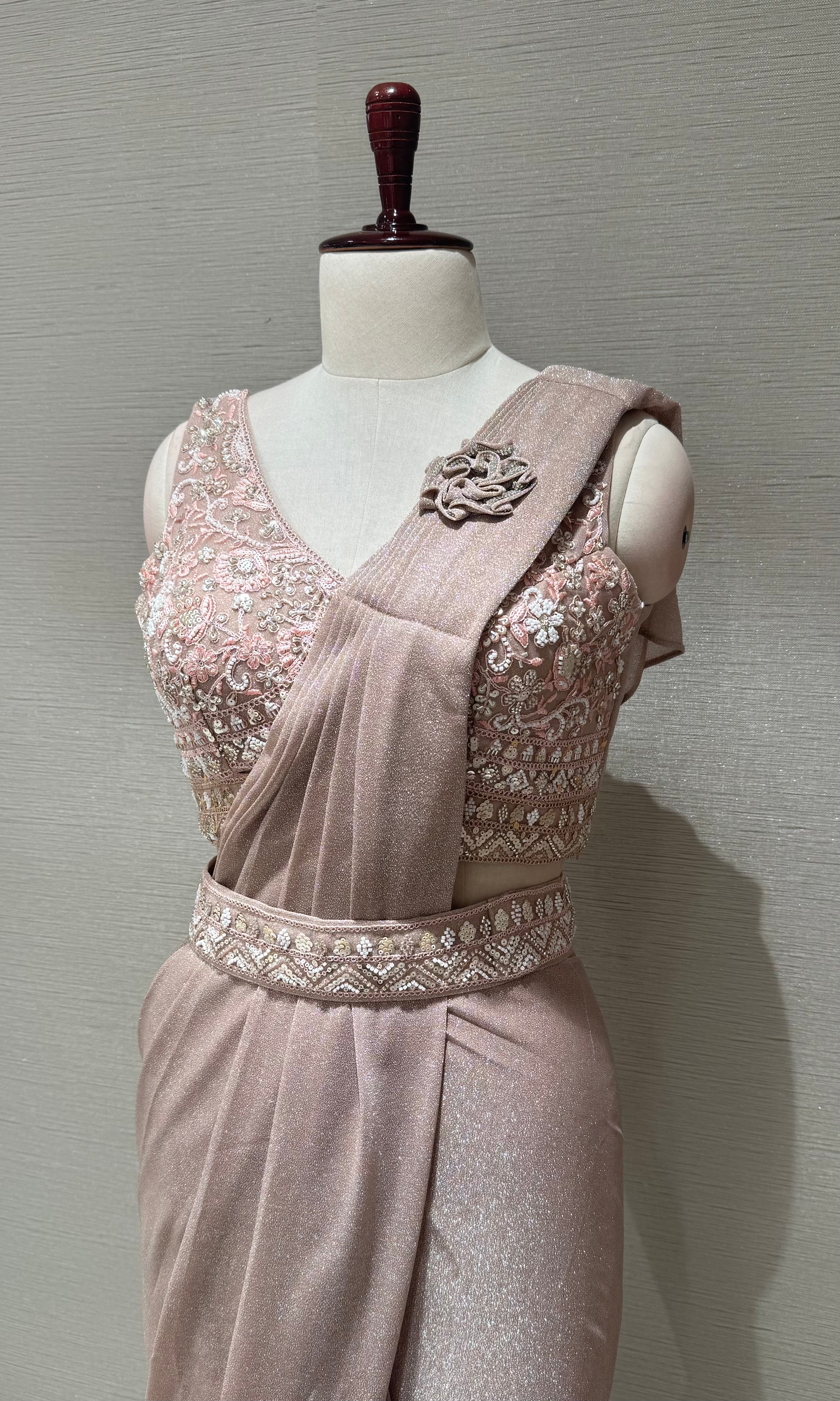 Rose Gold Shimmer Pre-Draped Saree With blouse & belt