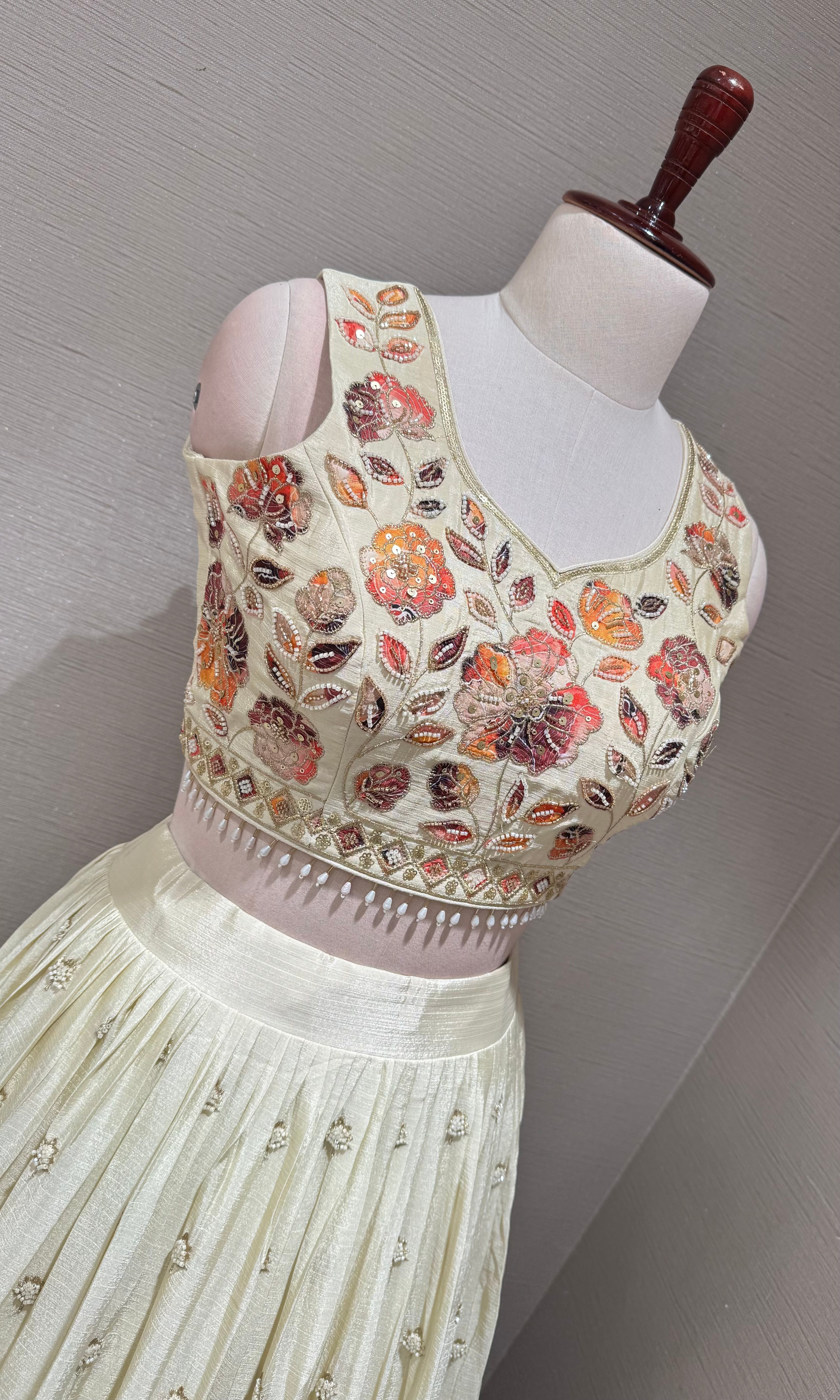 Cream Tissue silk Multi Floral Crop Top Lehenga set
