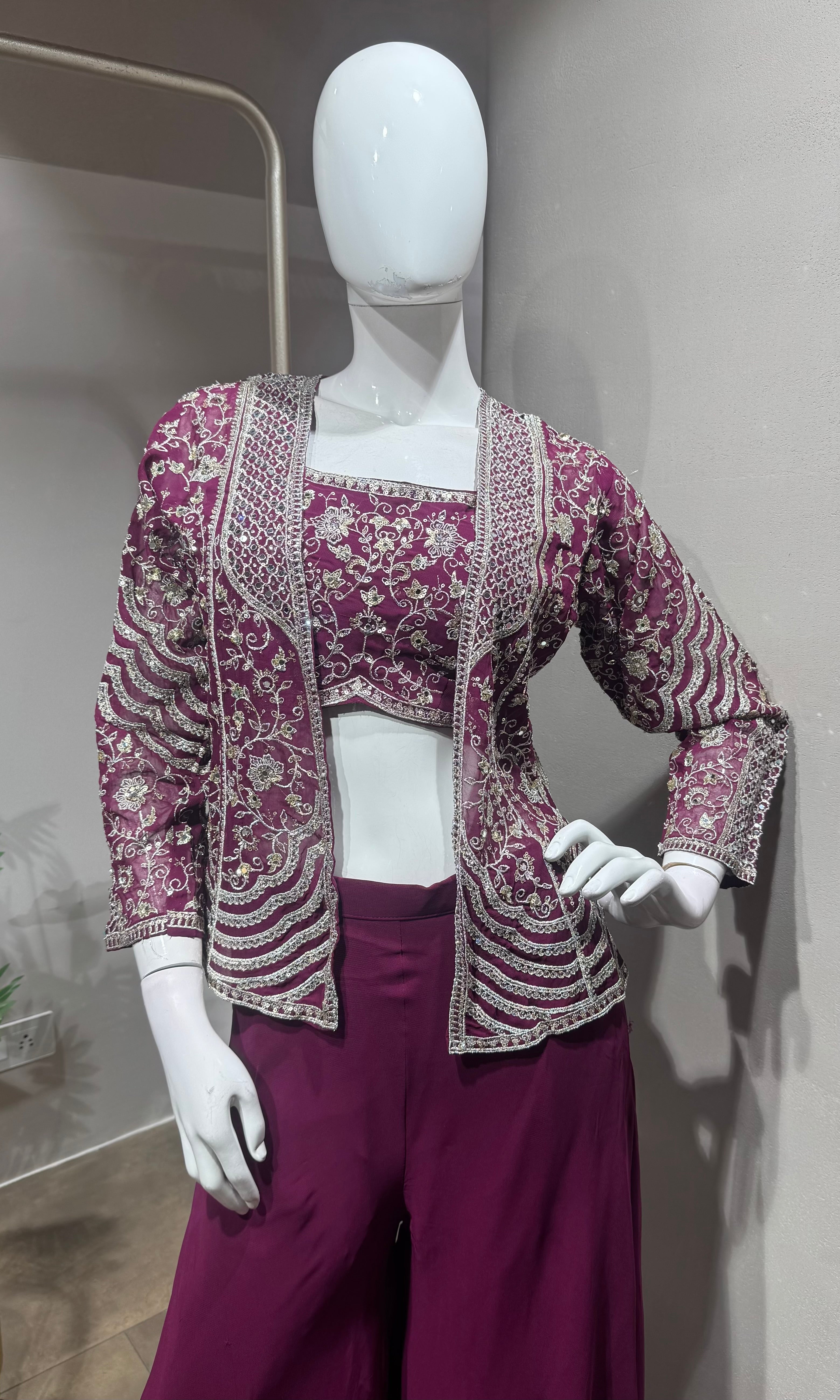 Wine Embroidered Jacket Palazzo Set