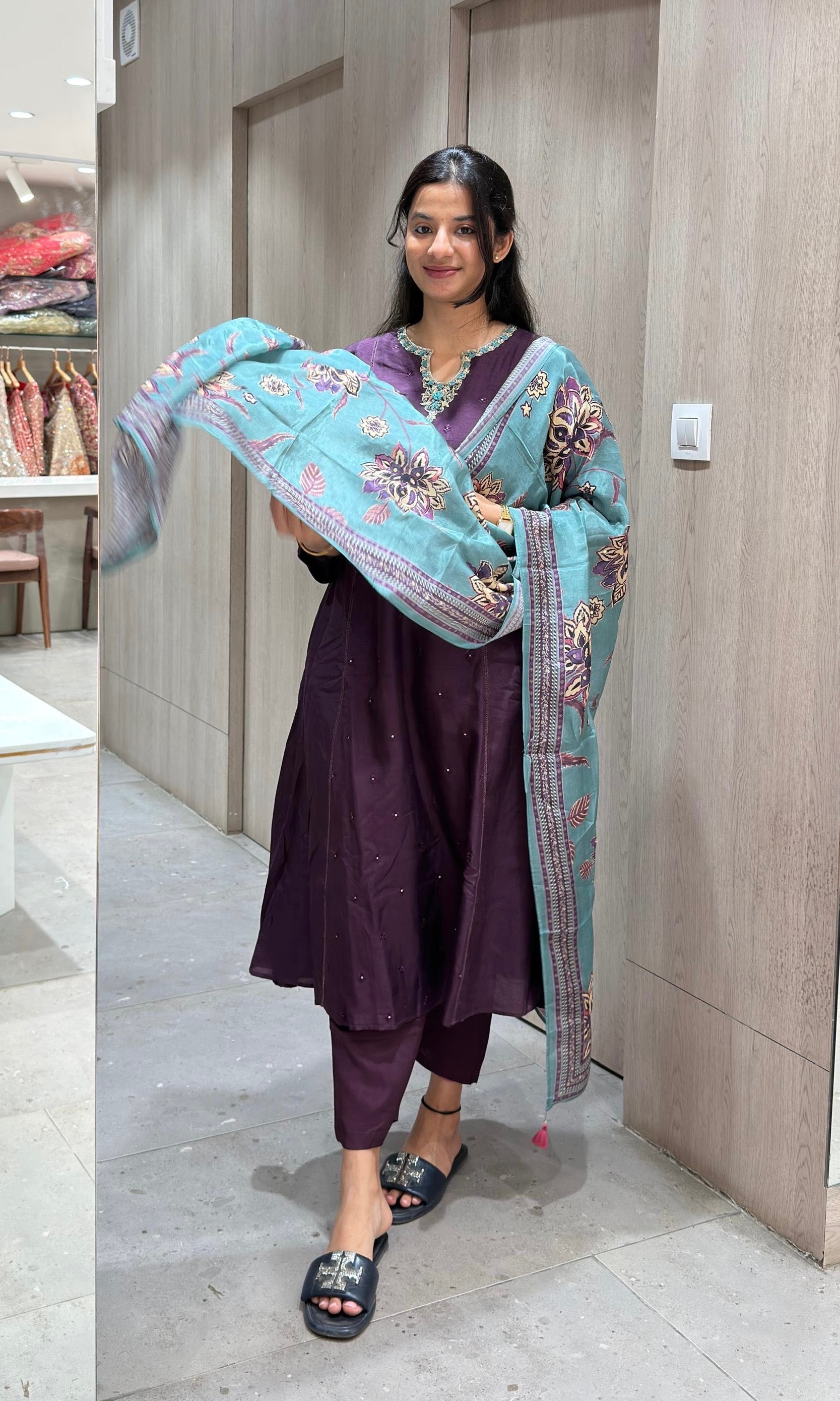 wine kurta set with floral printed dupatta