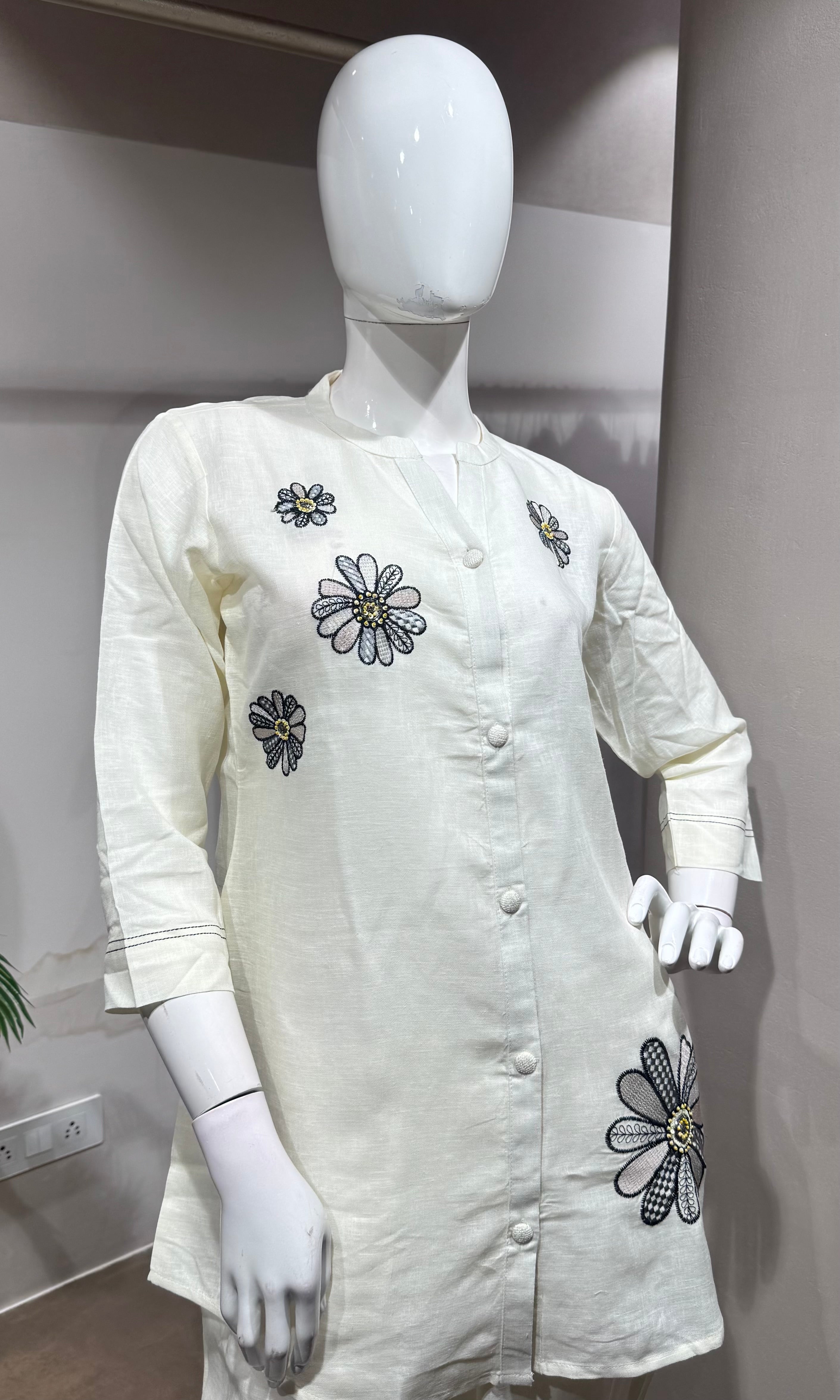 Cream Floral Embroidered Cord Set