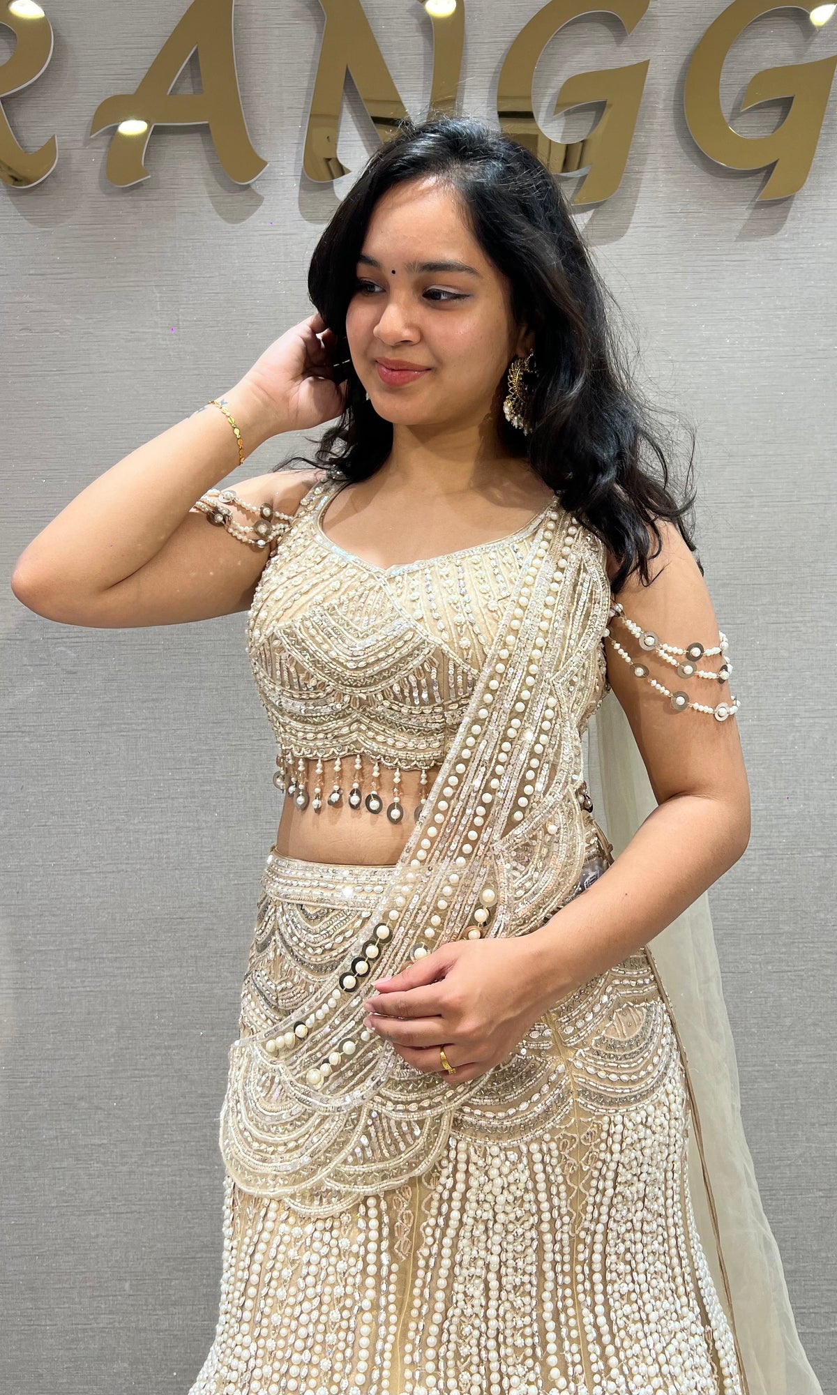 Beige fish cut Sequin Bridal Lehenga Set