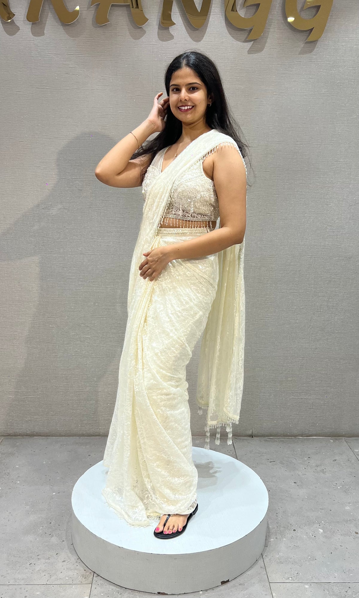 Cream Lace Tissue net Drape Saree with Blouse