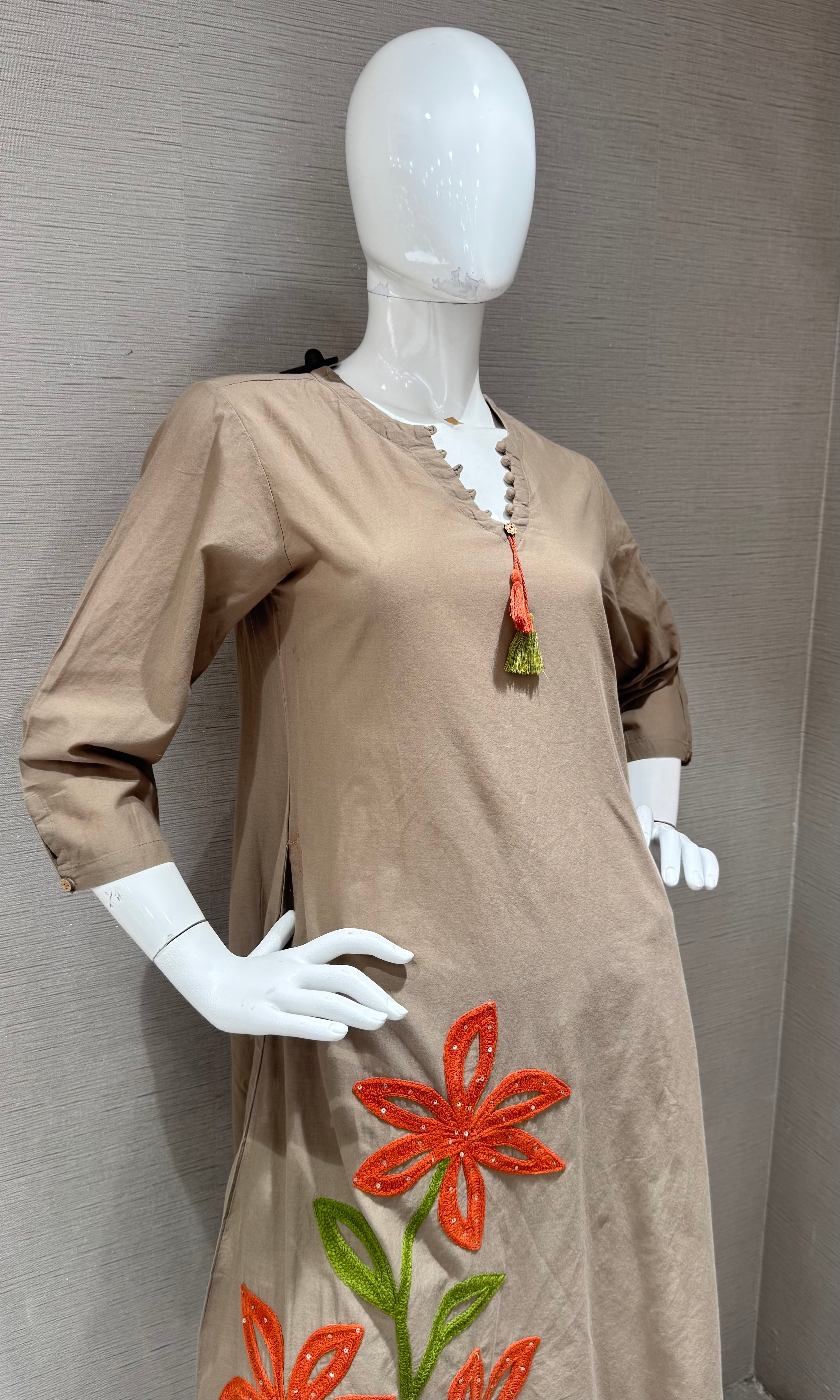 Brown Kurta Set with orange floral embroidery