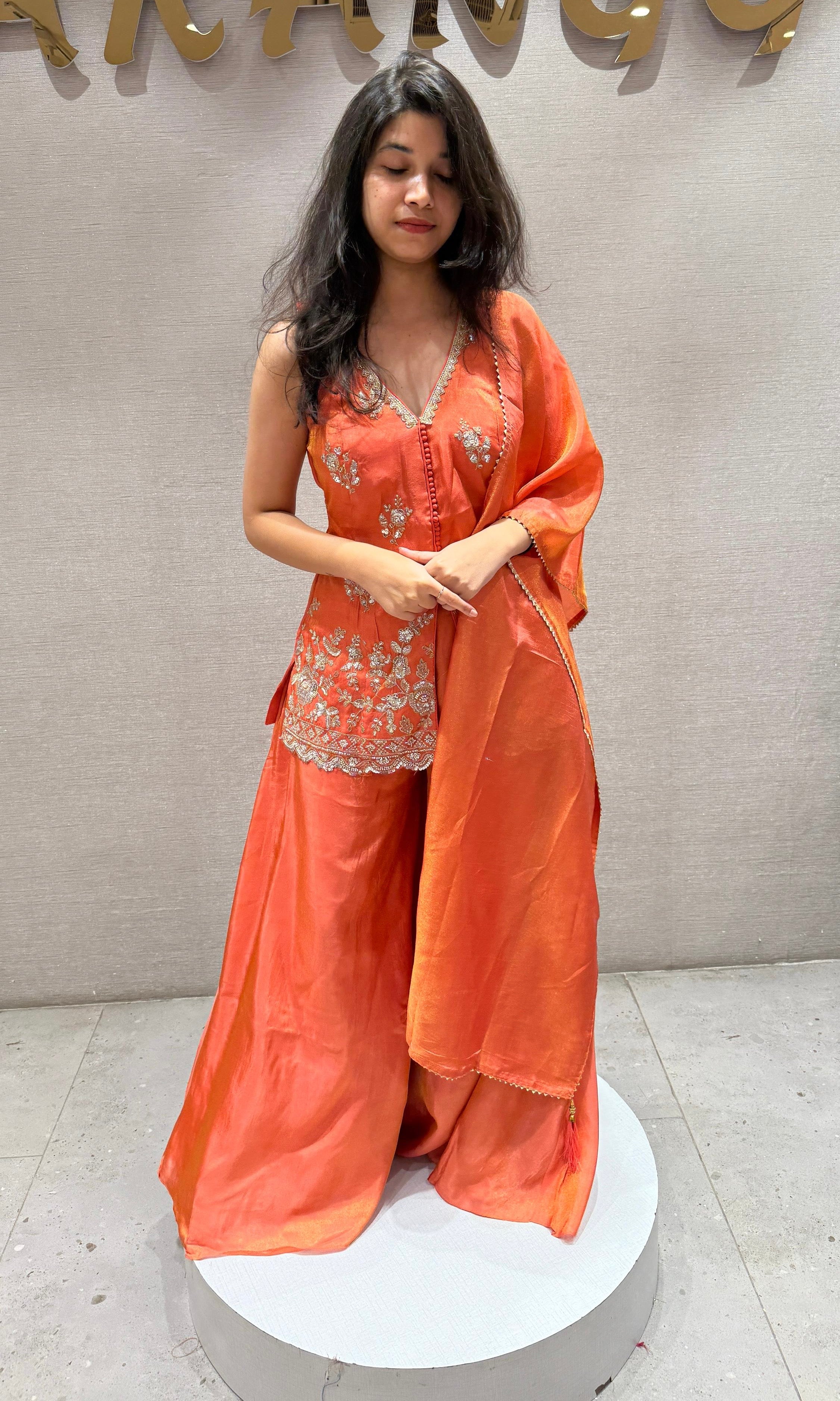 orange Peplum Palazzo set in shimmer silk