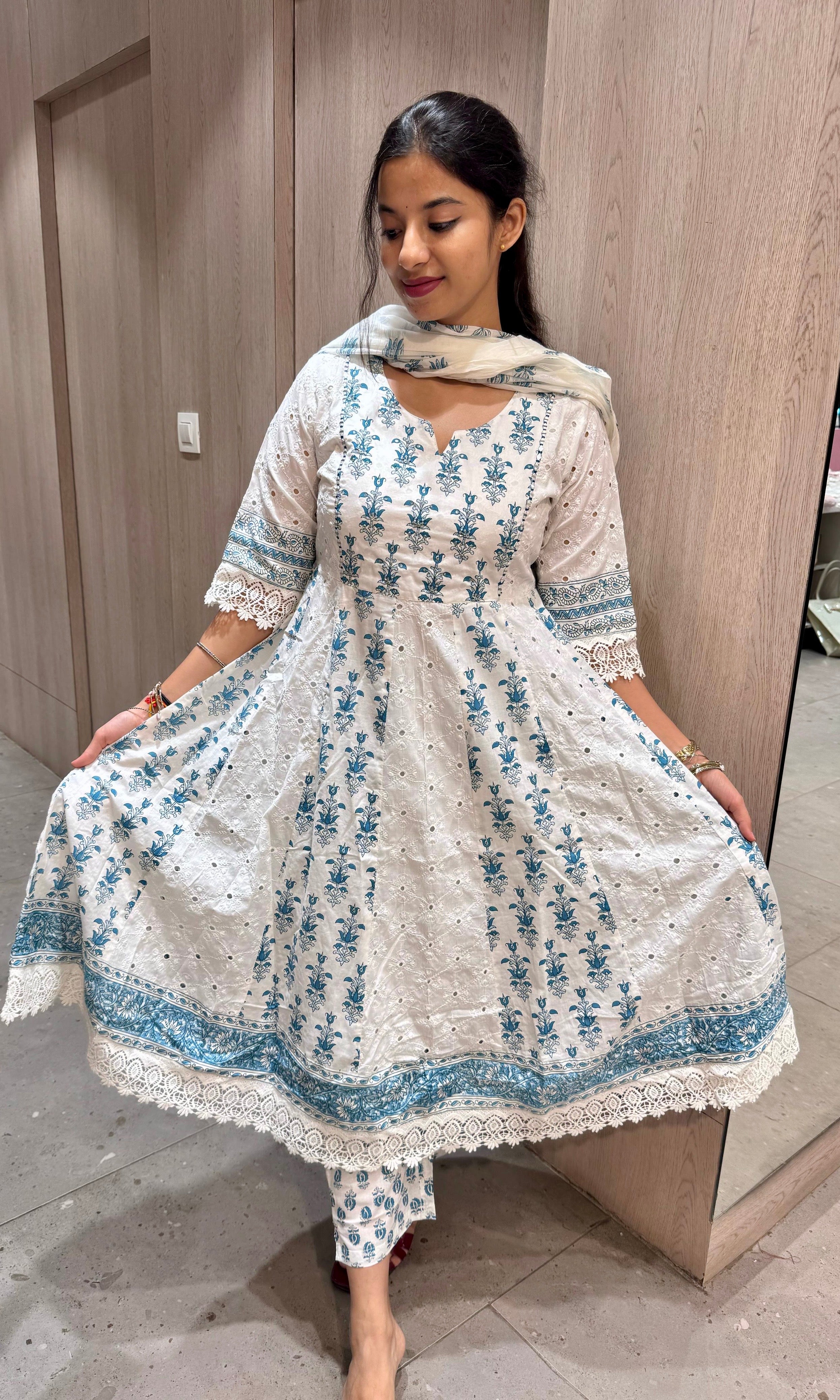 Blue white cotton Anarkali kurta set