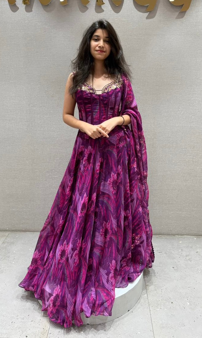 FUSCHIA PURPLE ABSTRACT CORSET LEHENGA