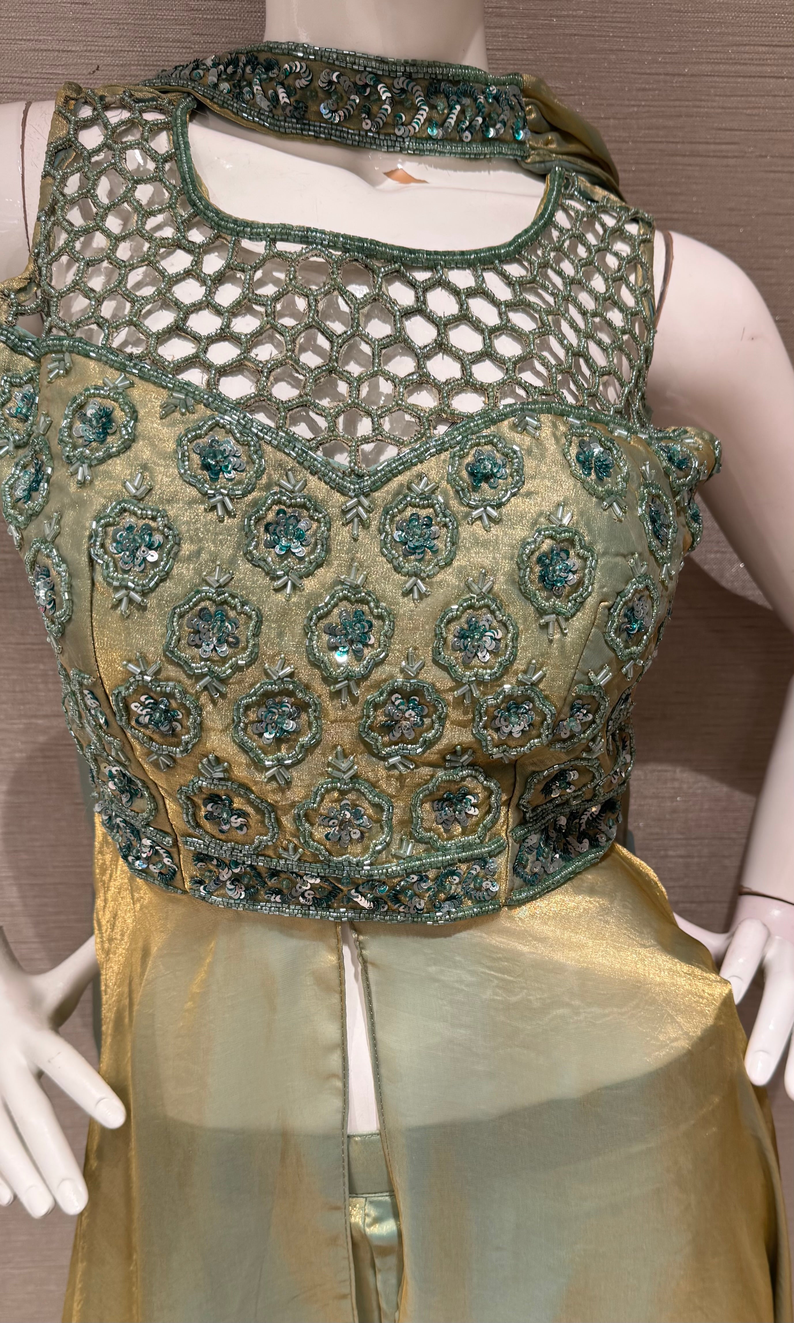 Pista green shimmer front slit anarkali palazzo set