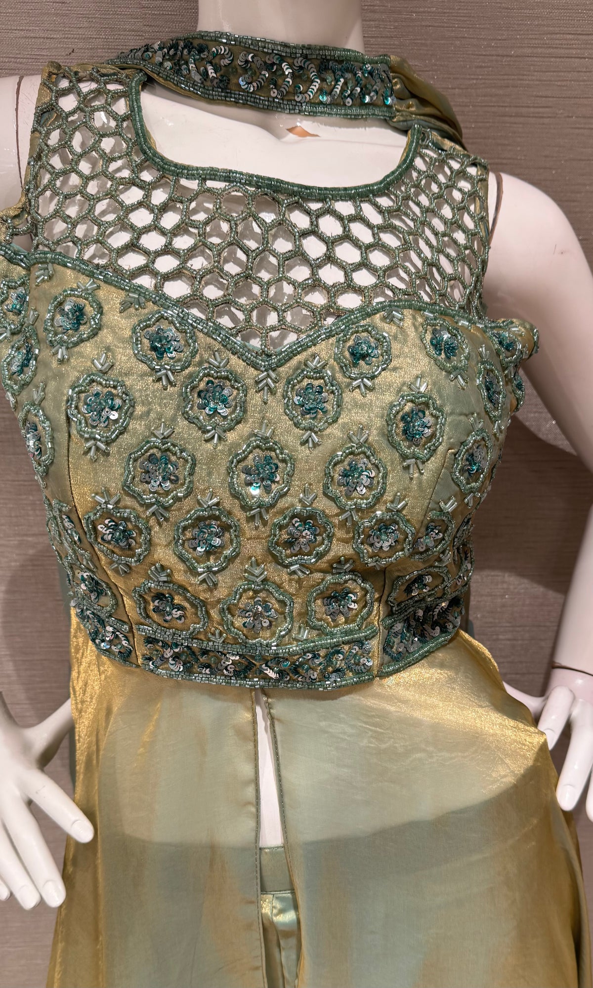 Pista green shimmer front slit anarkali palazzo set