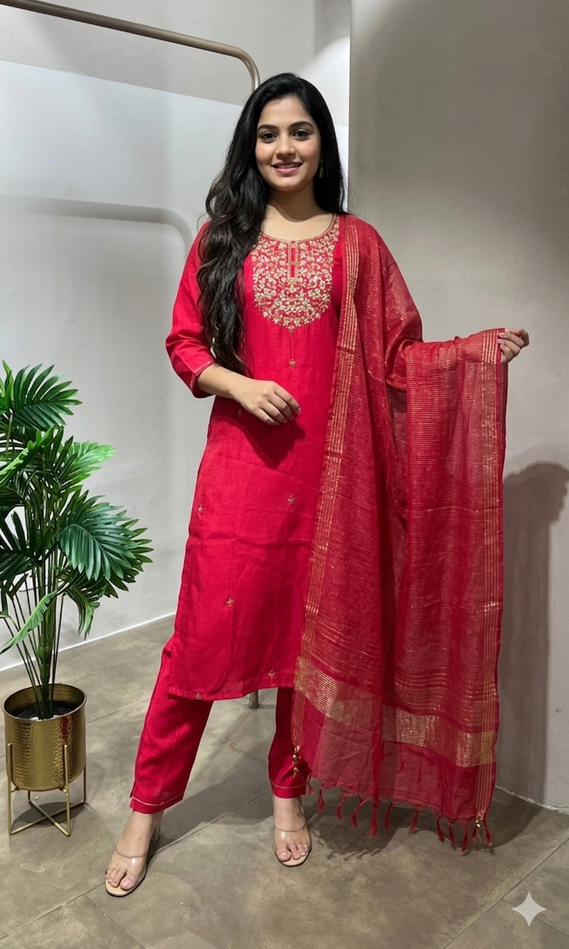 RANI PINK GOLD NECK WORK KURTA SET