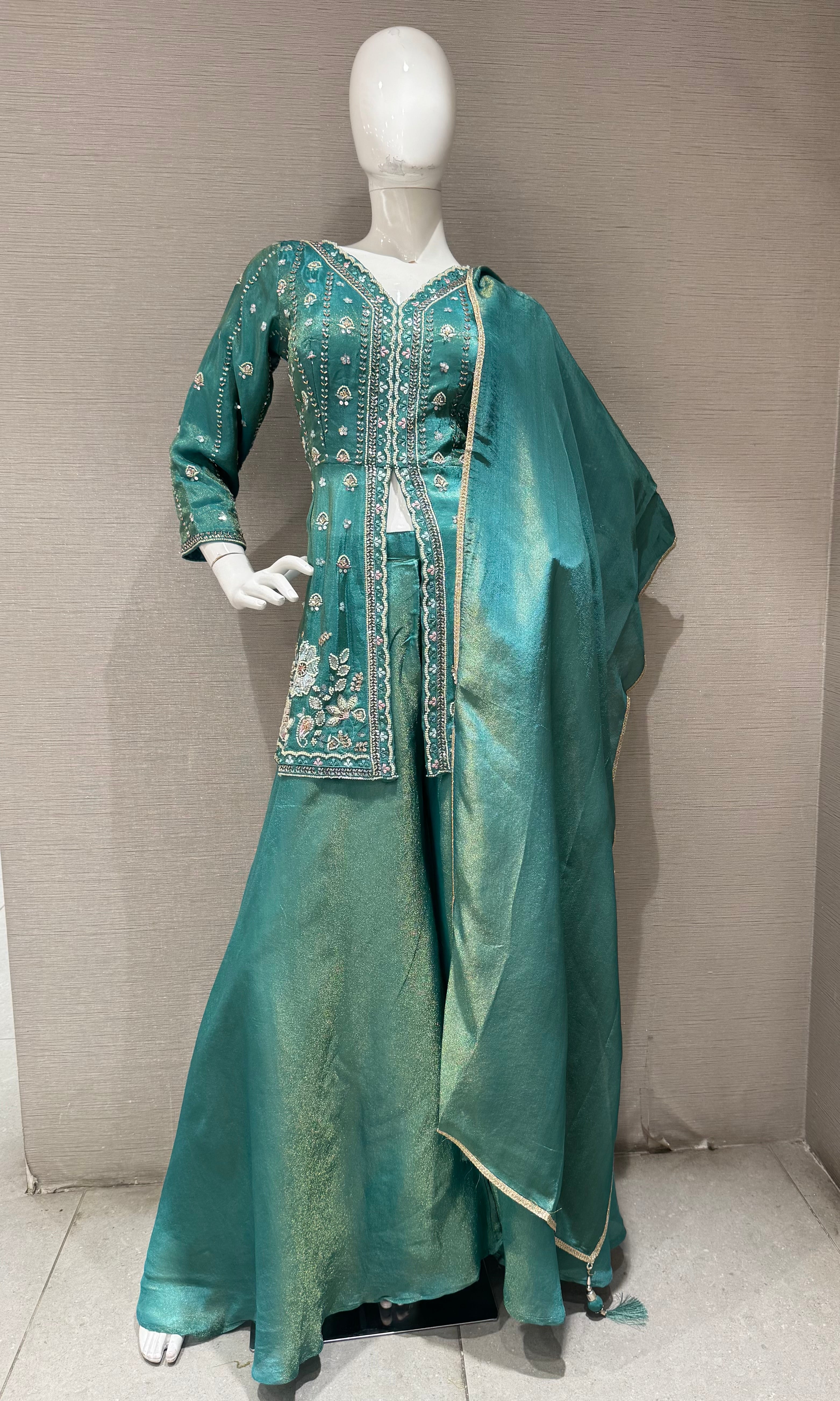 Sea green front slit embroidered peplum palazzo set