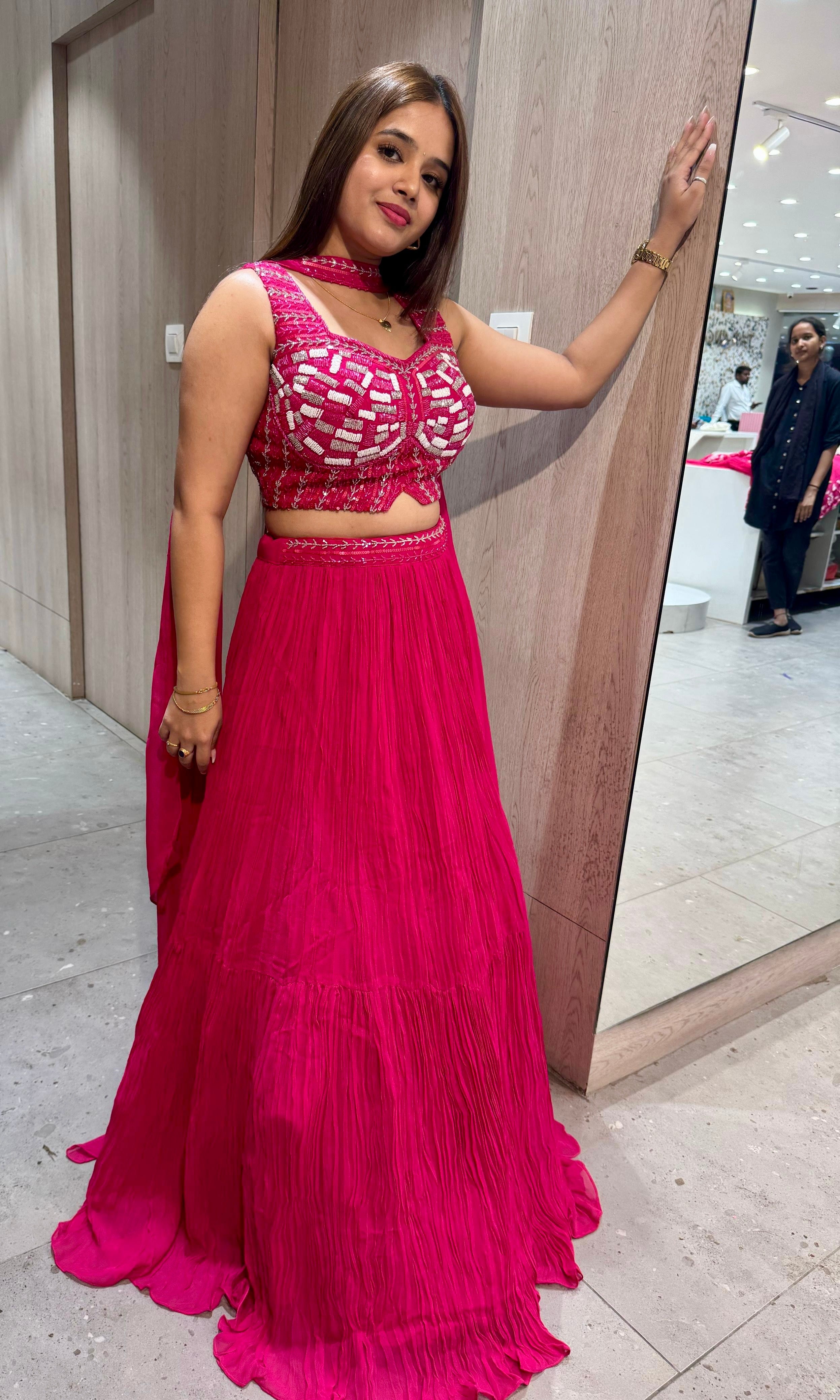 Rani pink croptop with crushed Lehenga