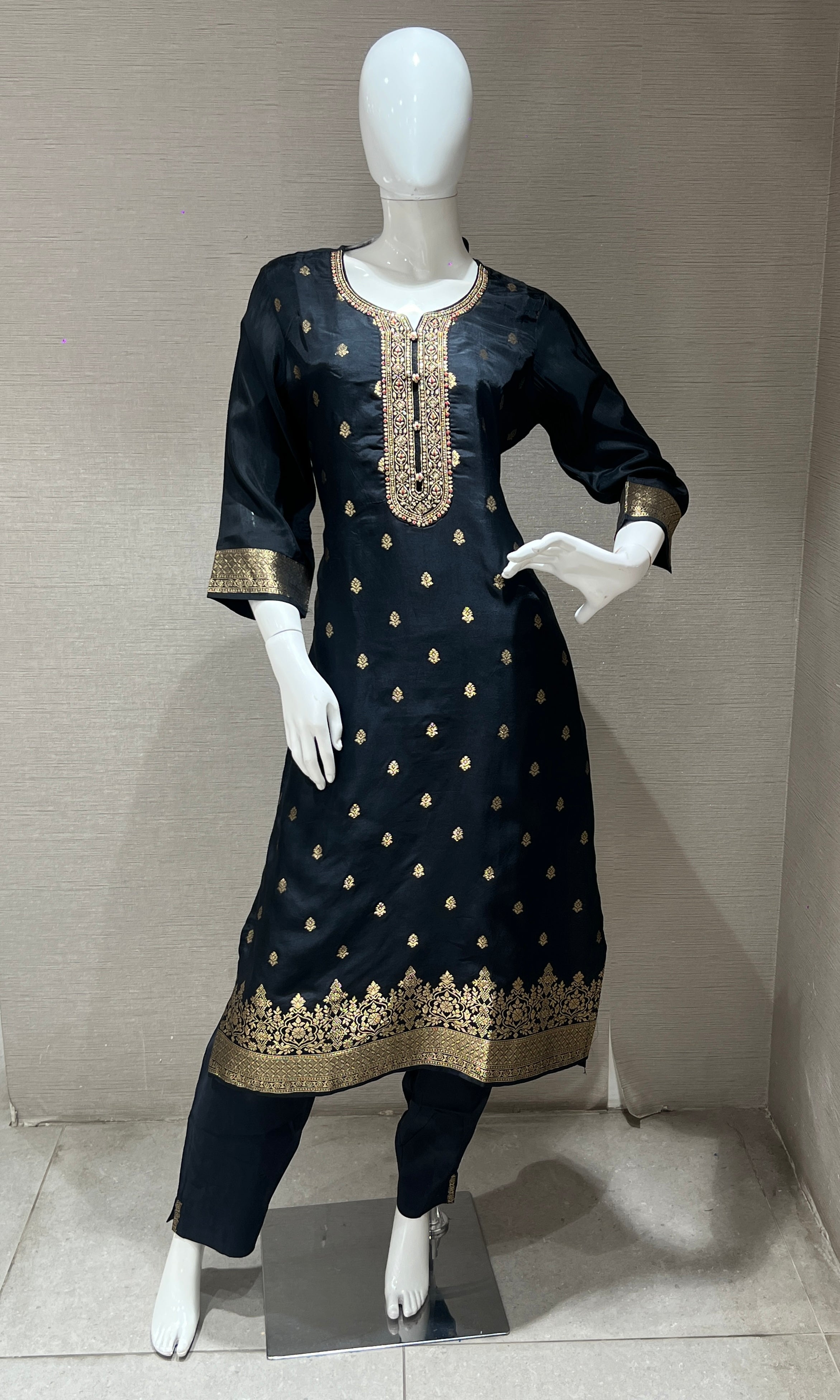 Black Embroidered Kurta Set with Floral Dupatta