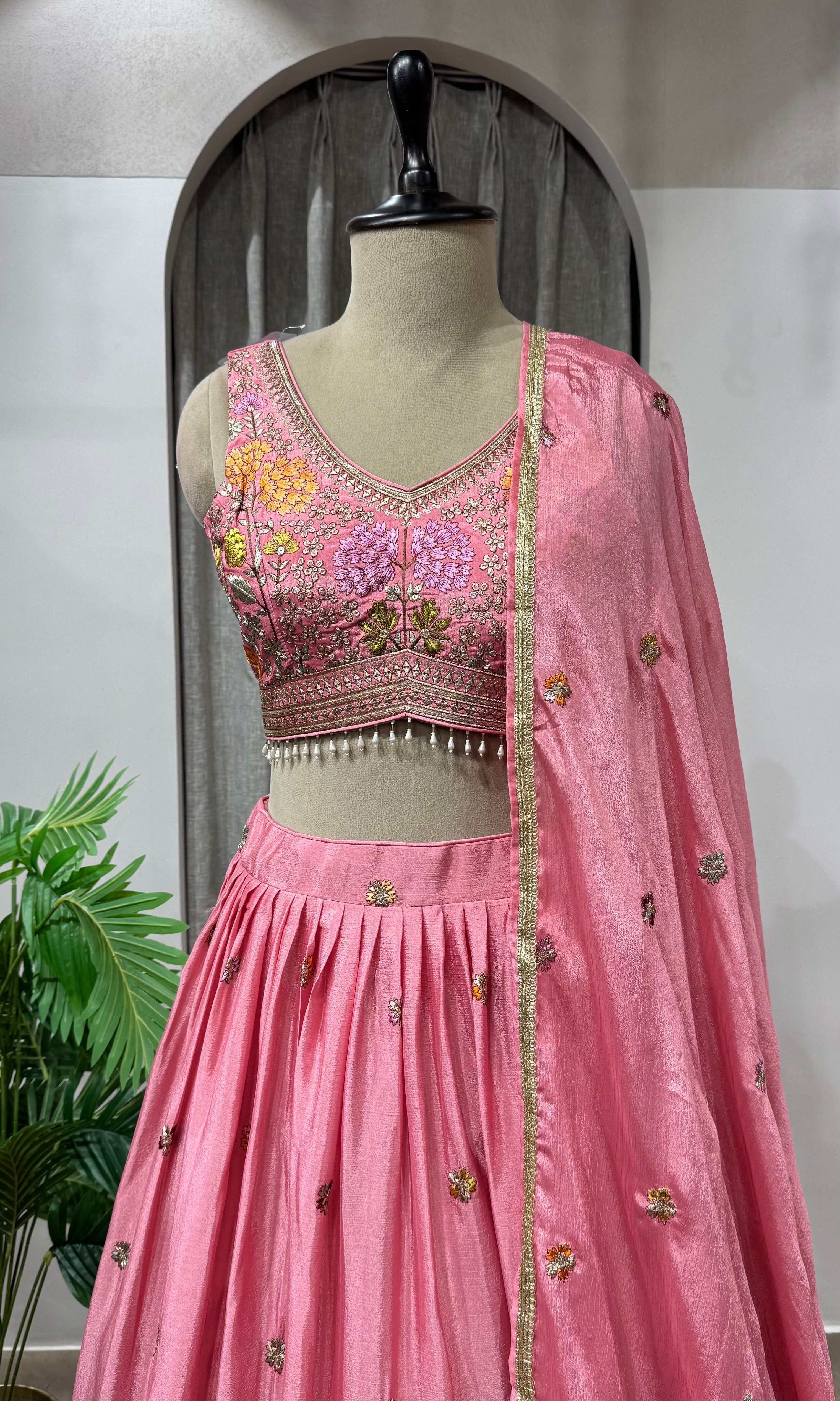 Pink Organza Embroidered Bridal Lehenga