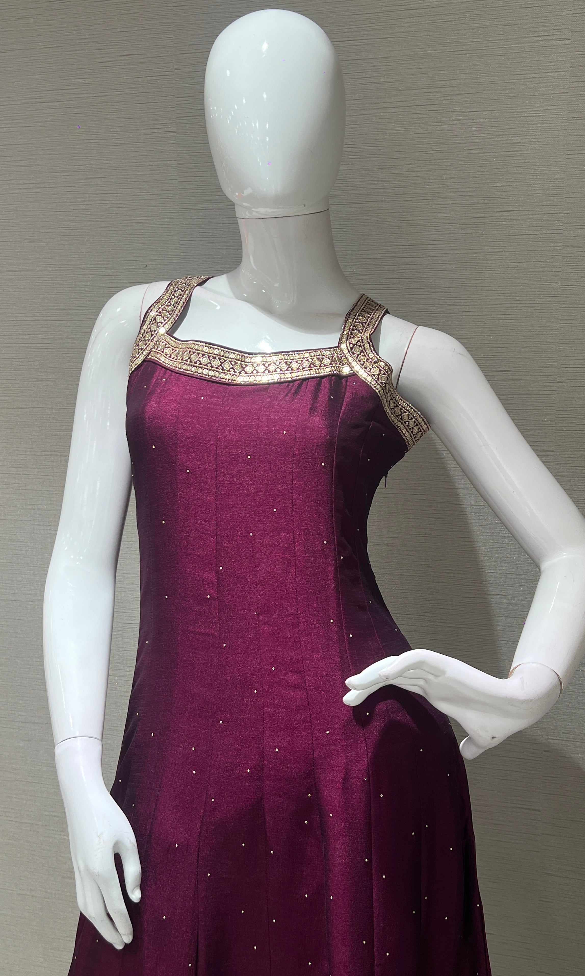 Wine anarkali set with gold embroidery
